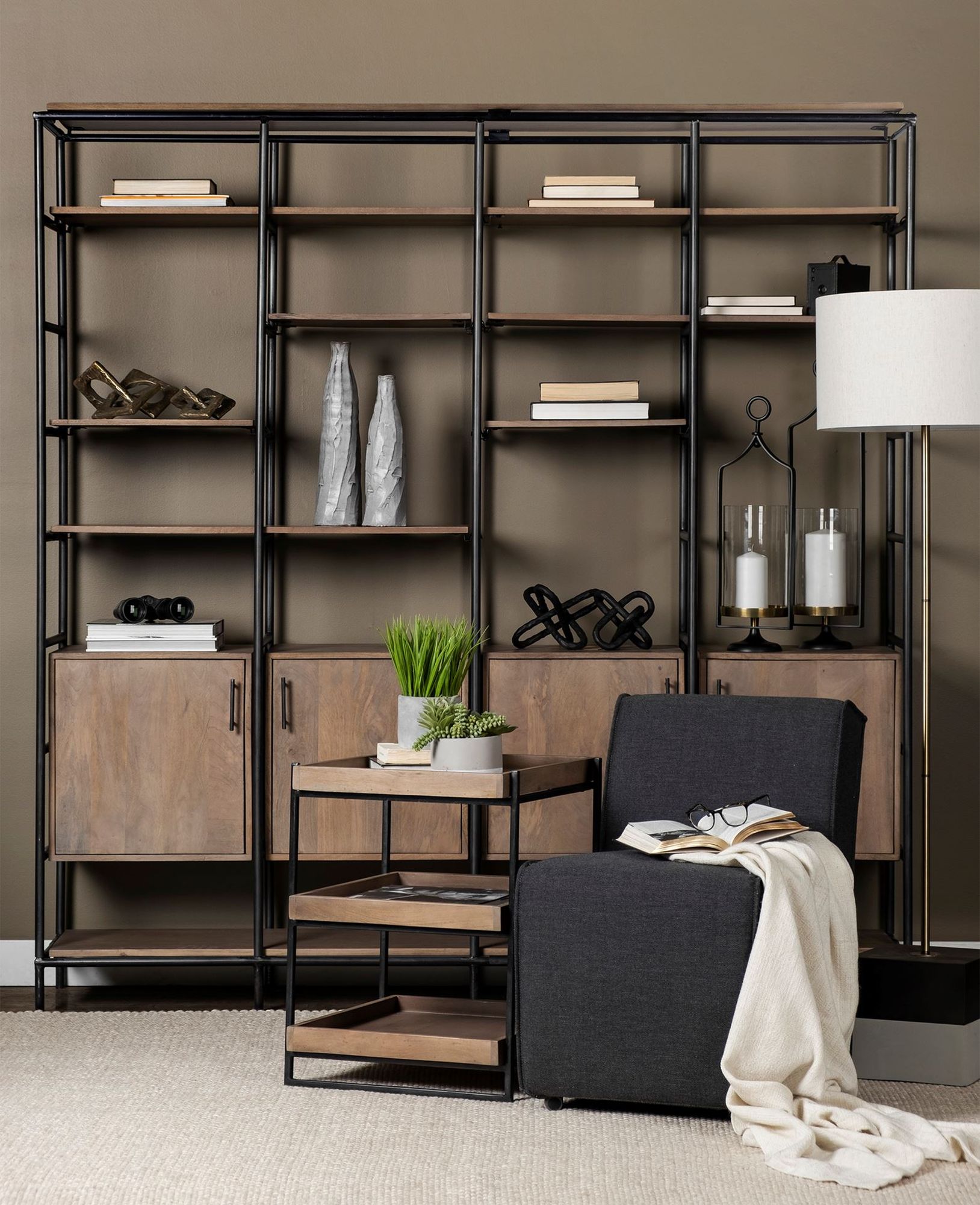 Mercana - Darius Medium Brown Wood and Metal Multi-Shelf Shelving Unit