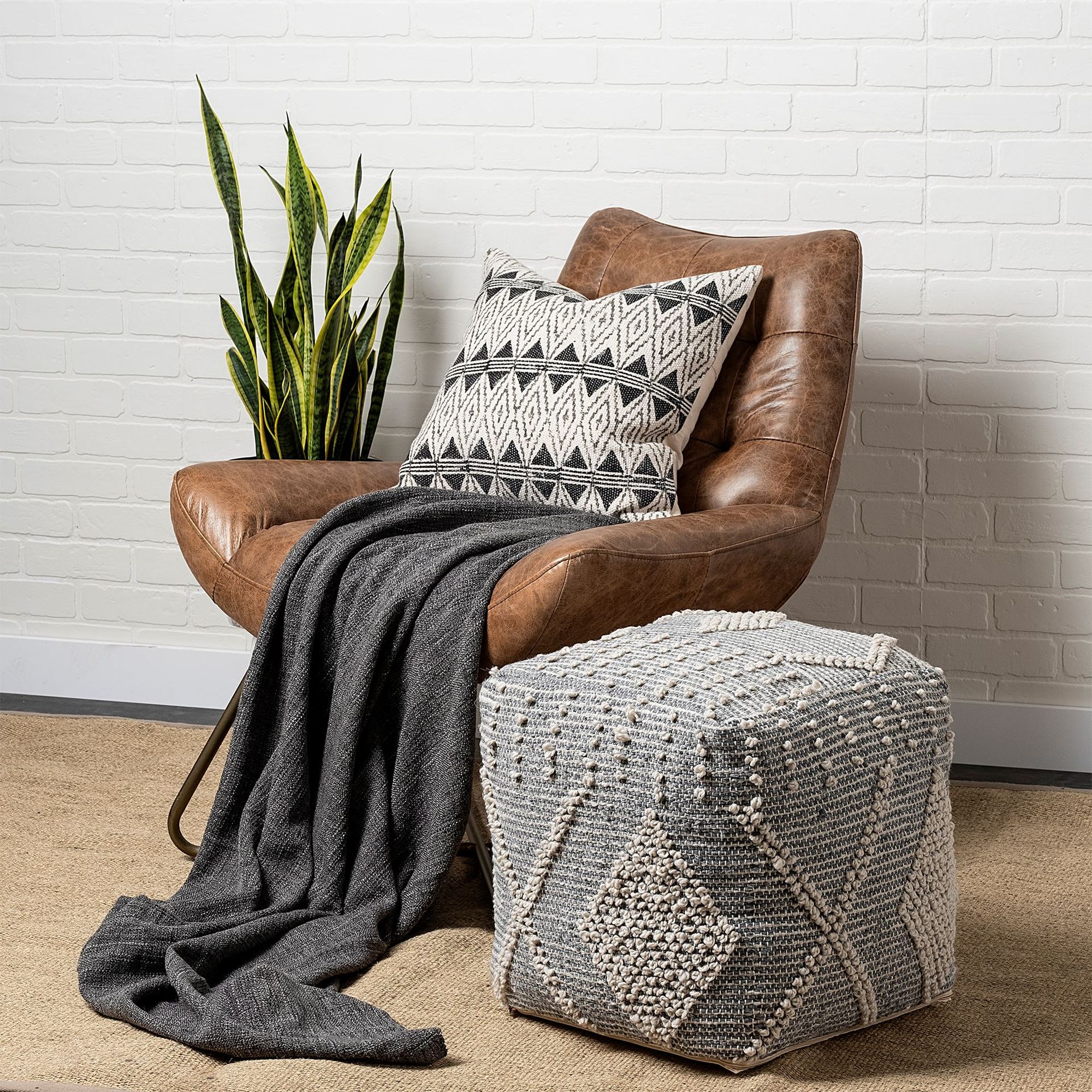 Mercana - Brinket Gray/Cream Polyester Handwoven Square Pouf