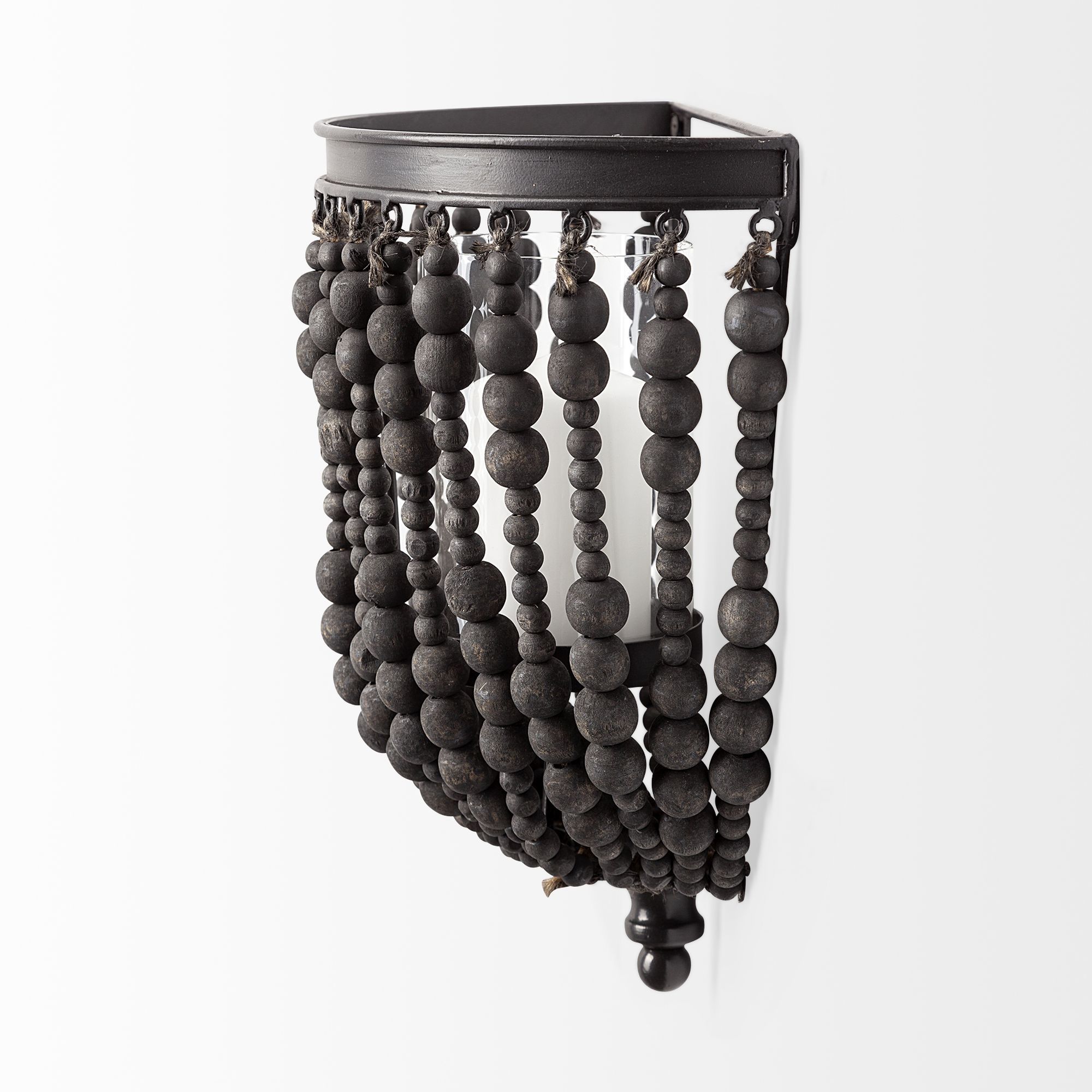 Mercana - Liam II 11"H Black Metal Frame with Wooden Beads Wall Candle Holder