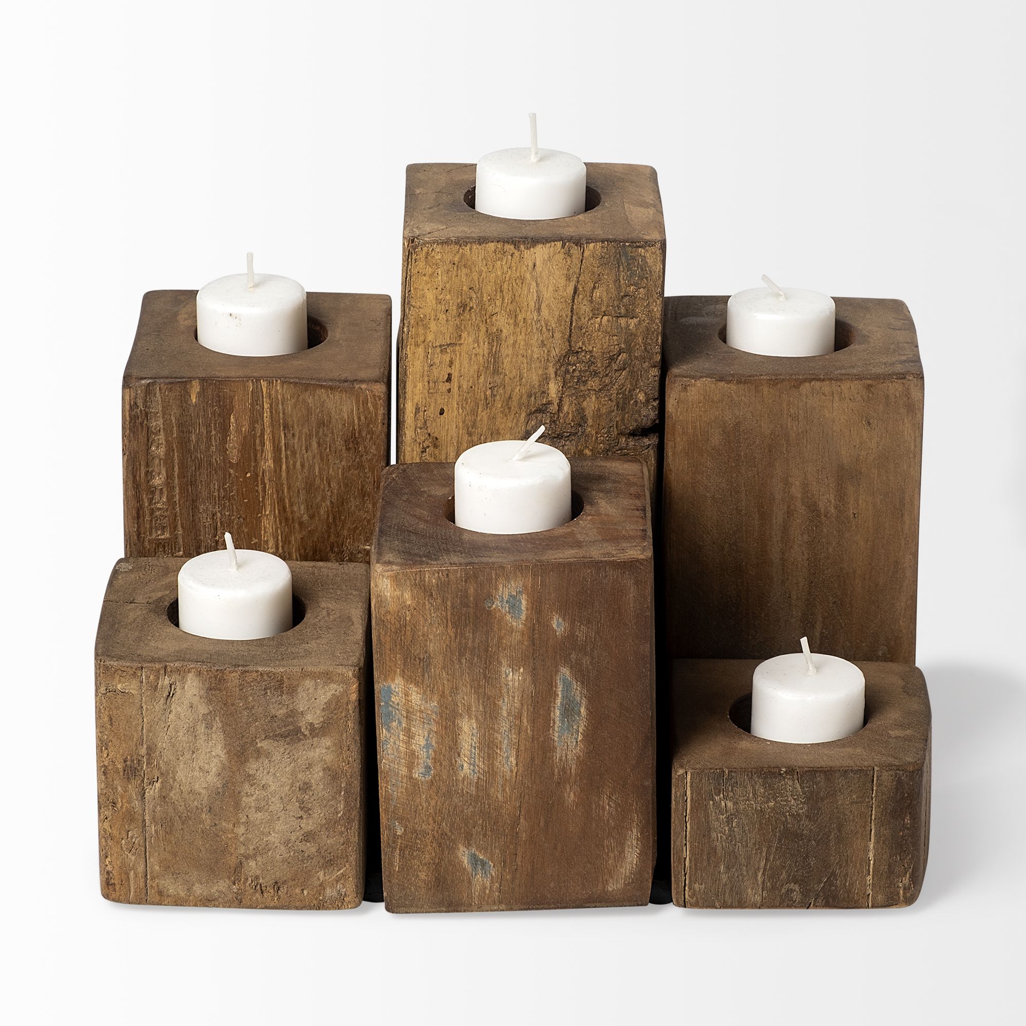 Mercana - Cassius Light Brown Nine Wood Block Table Candle Holder