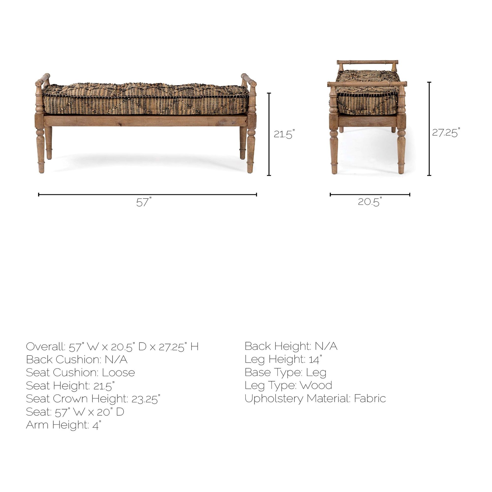 Mercana - Fullerton Bench with Brown Wood Base in Jute