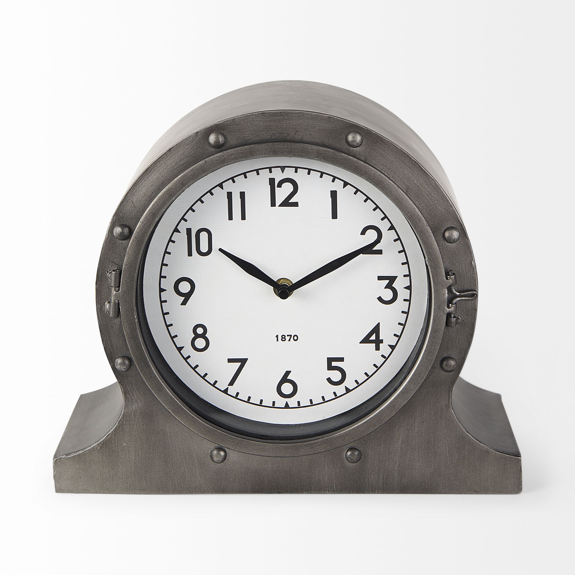 Mercana - Camden Gray Distressed Metal Porthole Table Clock