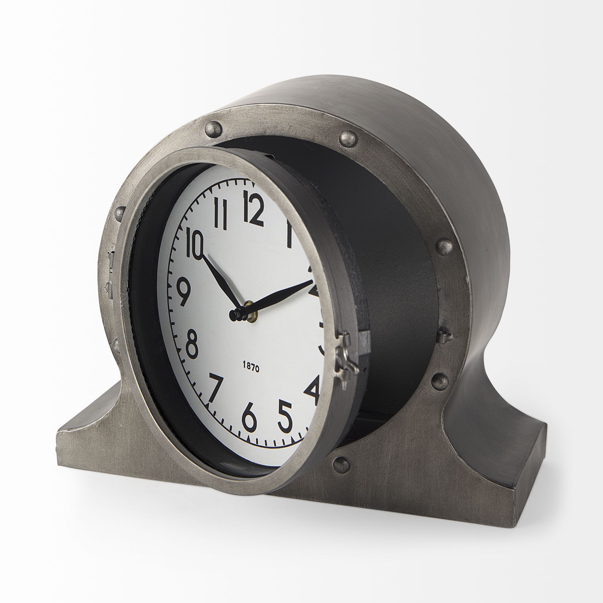 Mercana - Camden Gray Distressed Metal Porthole Table Clock