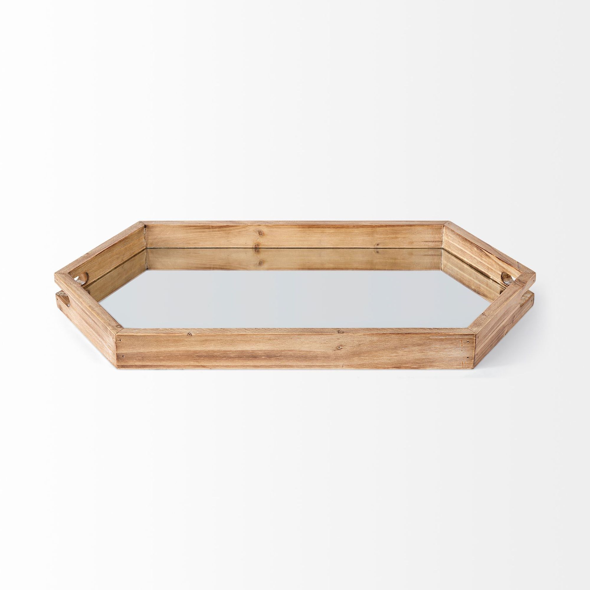 Mercana - Durden 29L x 16W Natural Wood Mirrored Hexagonal Tray