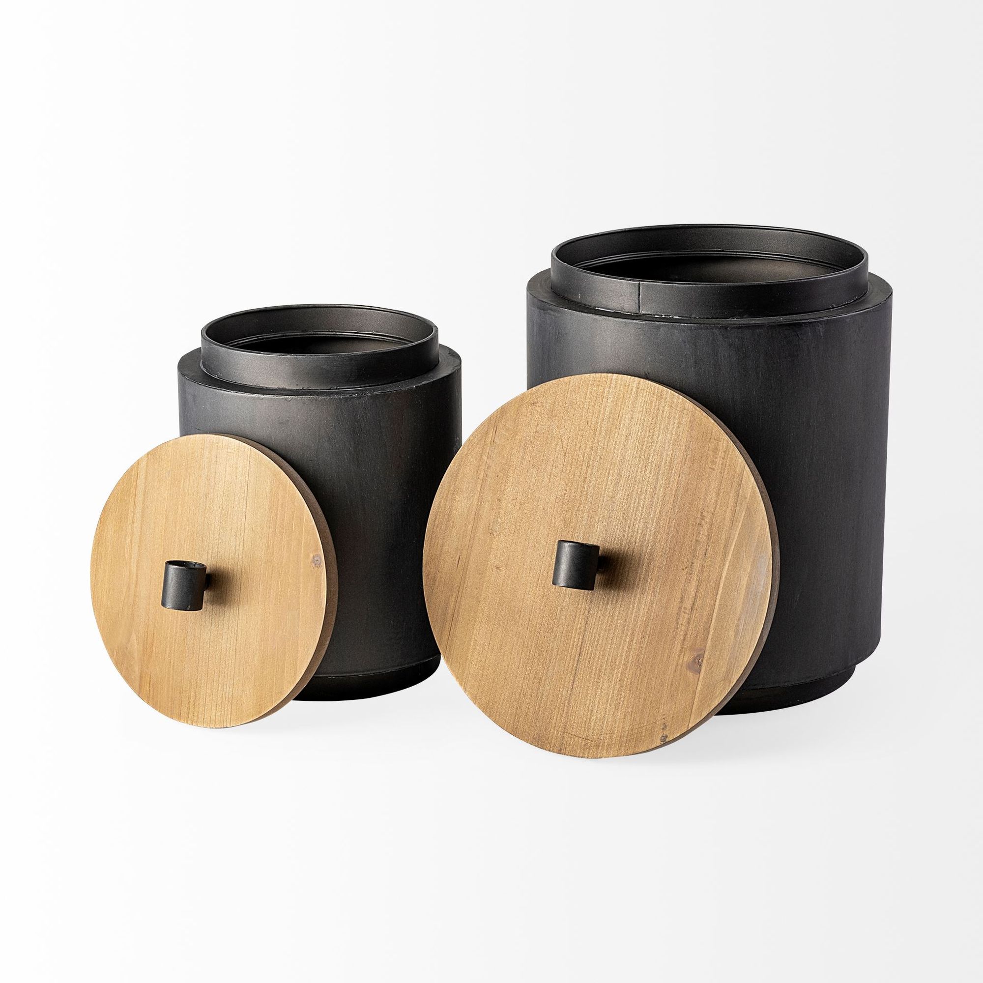 Mercana - Cyril Gray Metal with Brown Wood Lids Jars (Set of 2)