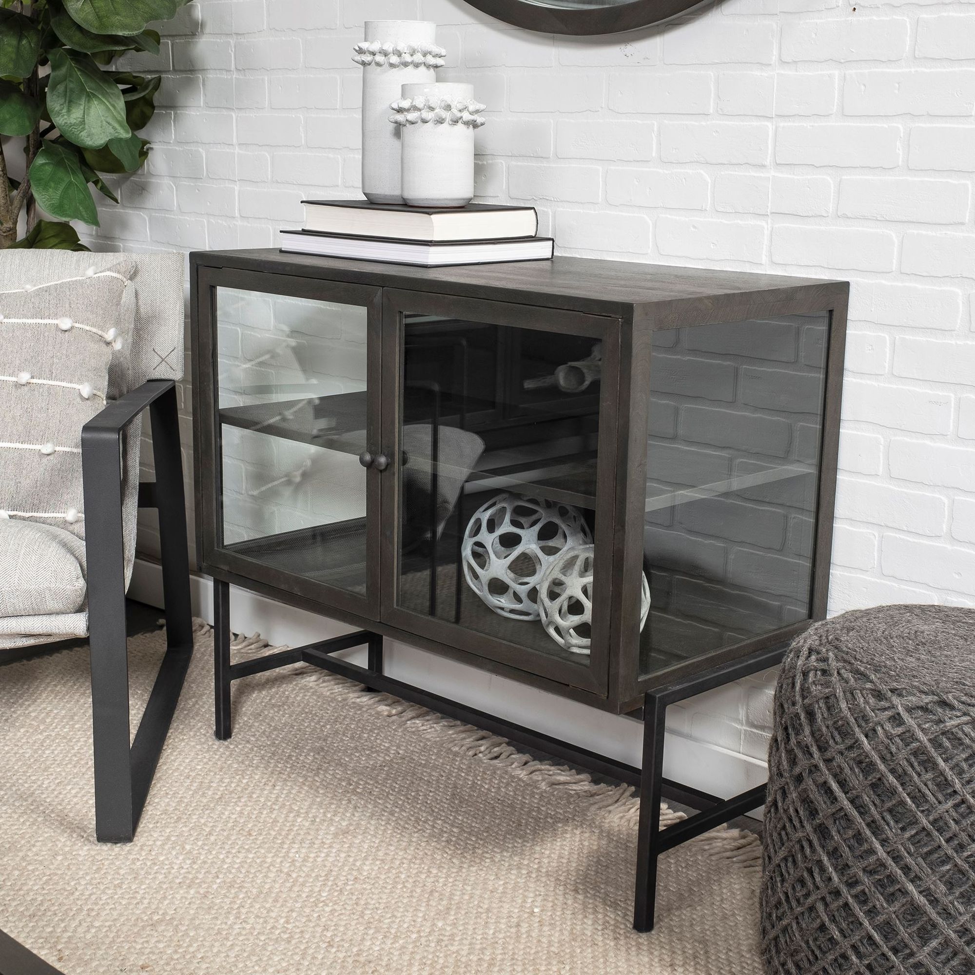 Mercana Arelius Wood/Metal Base with 2 Glass Doors Accent Cabinet - Black/Brown