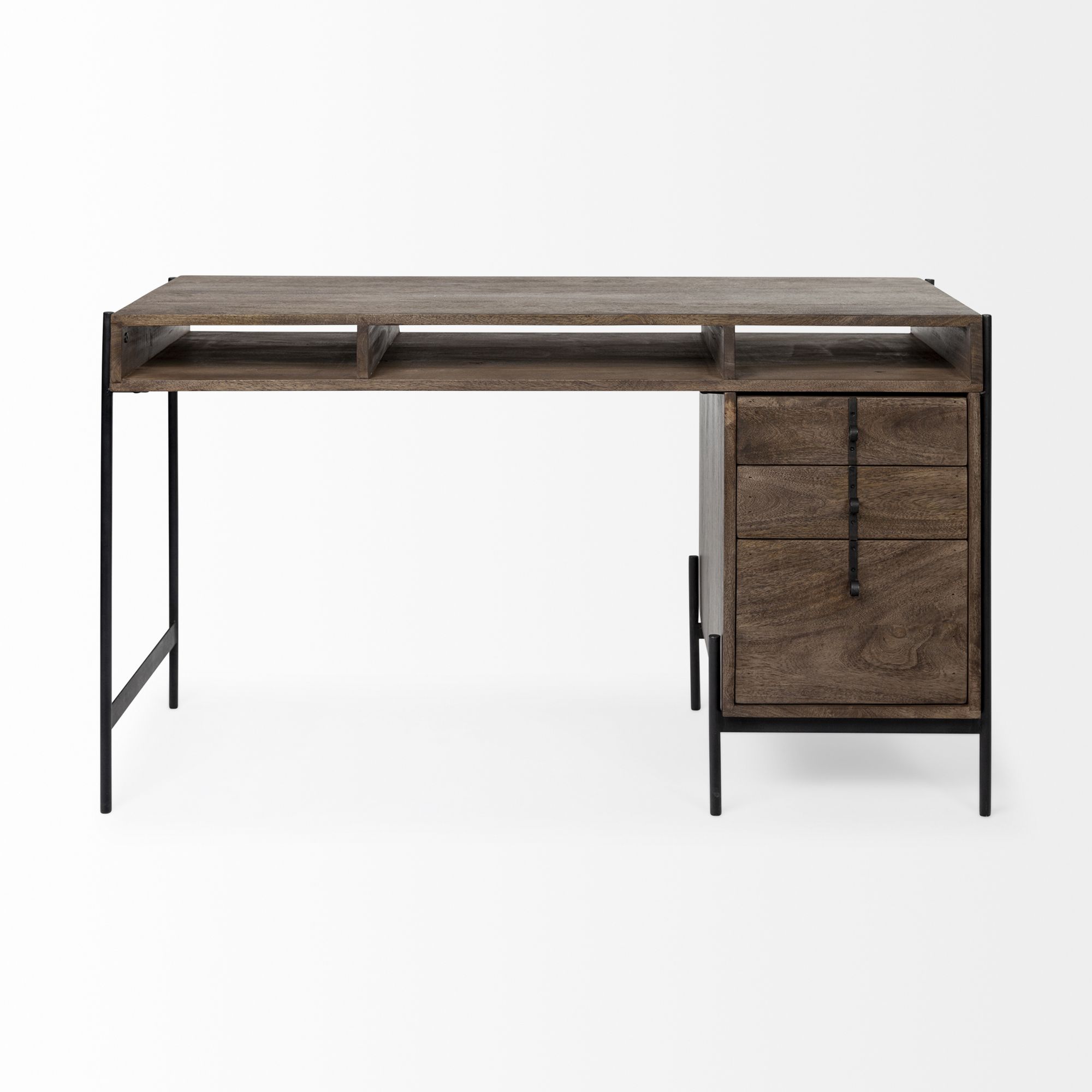 Mercana - Glenn VII Dark Brown Wood w/ Black Iron Frame/3 Drawer Office Desk