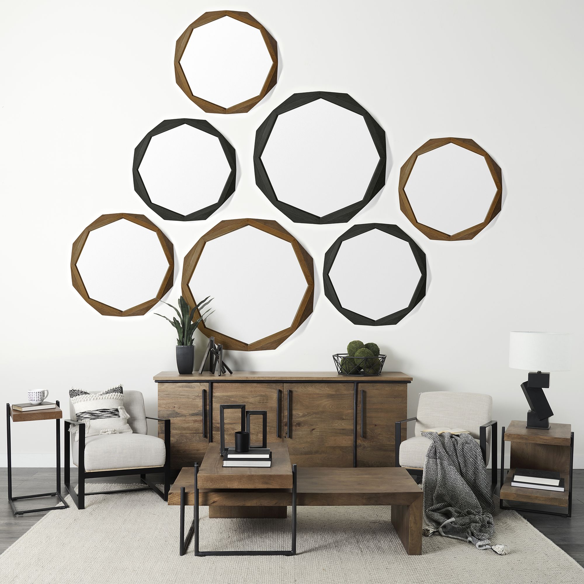 Mercana Aramis I Octagon 32" Wall Mirror with Wood Frame - Brown