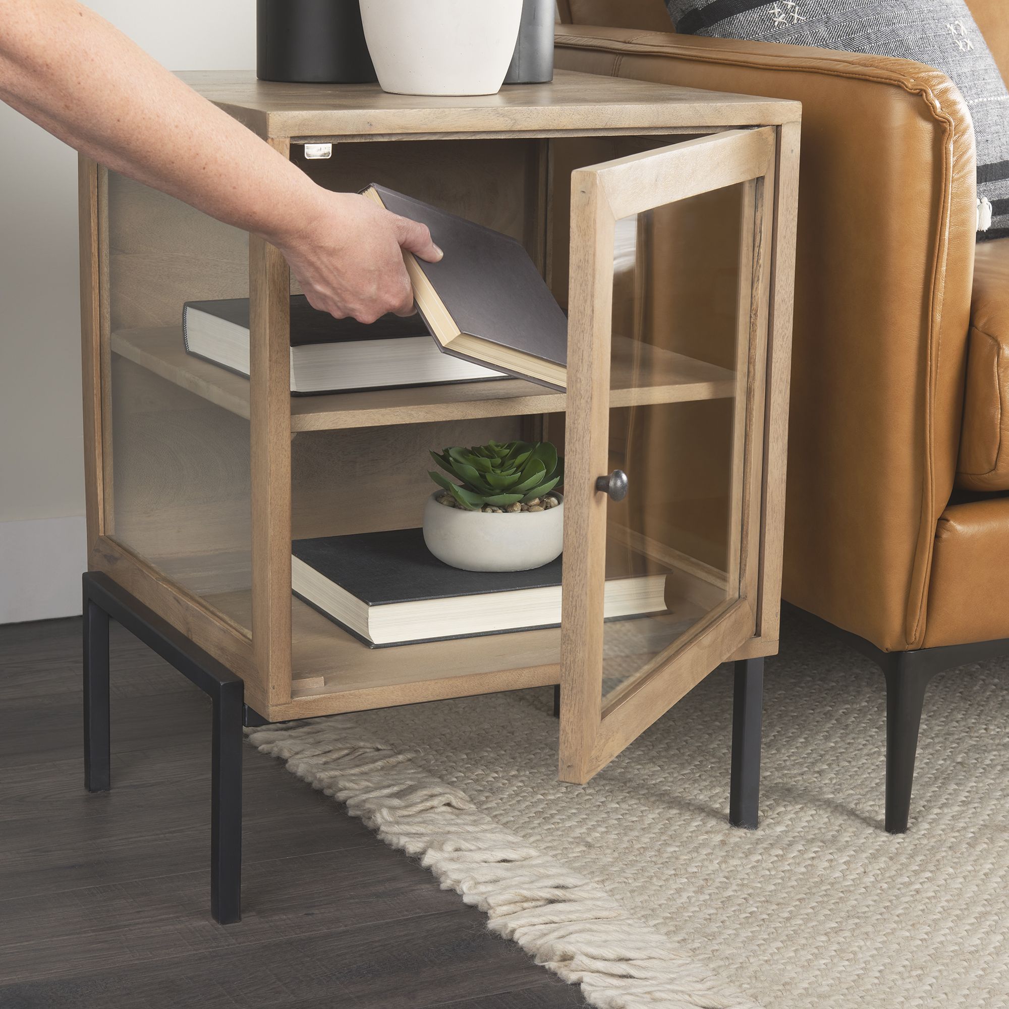 Mercana Arelius End Table with Black Metal Frame - Light Brown