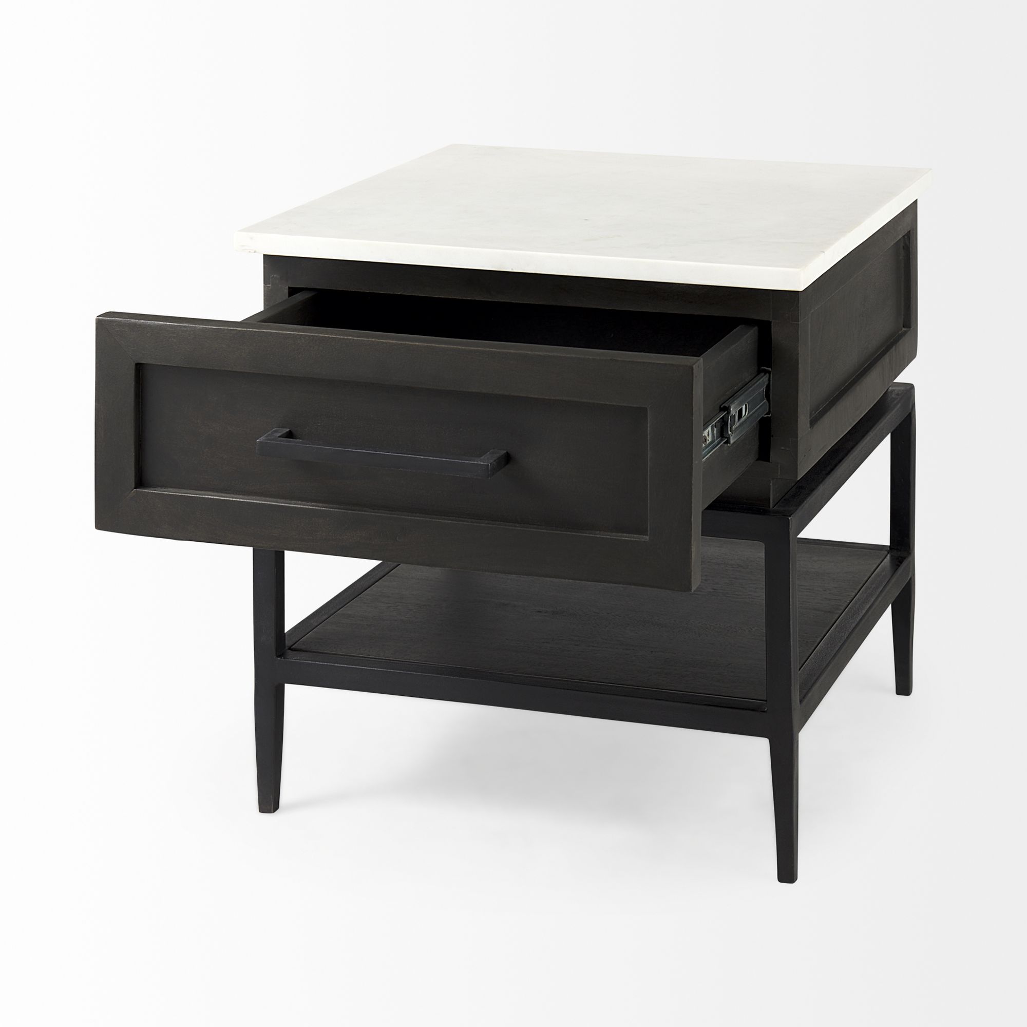 Mercana - Divina Black-Brown Wood with White Marble Top and Black Metal Base Side Table