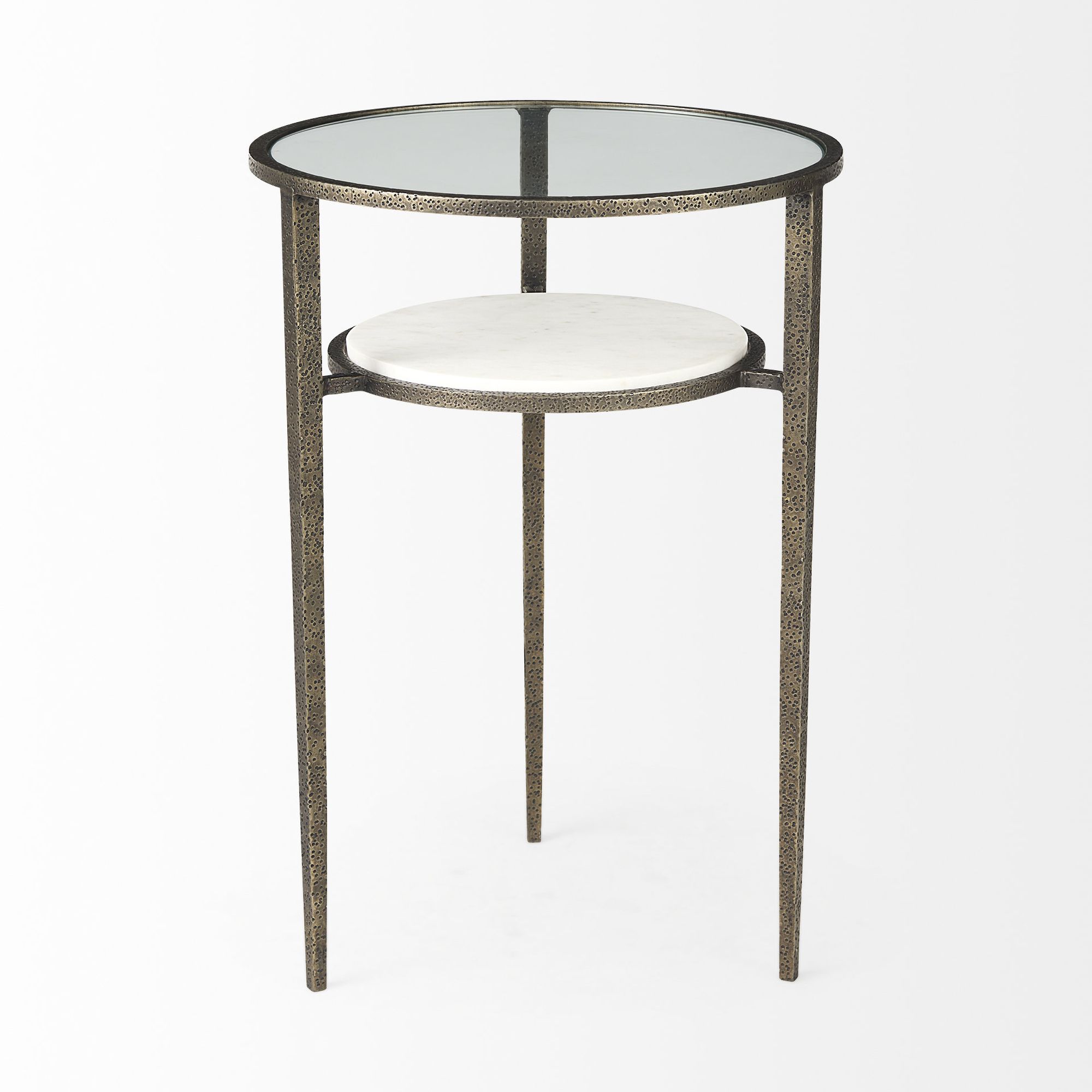 Mercana - Felicity Glass Top with White Marble Shelf and Antique Gold Base End/Side Table