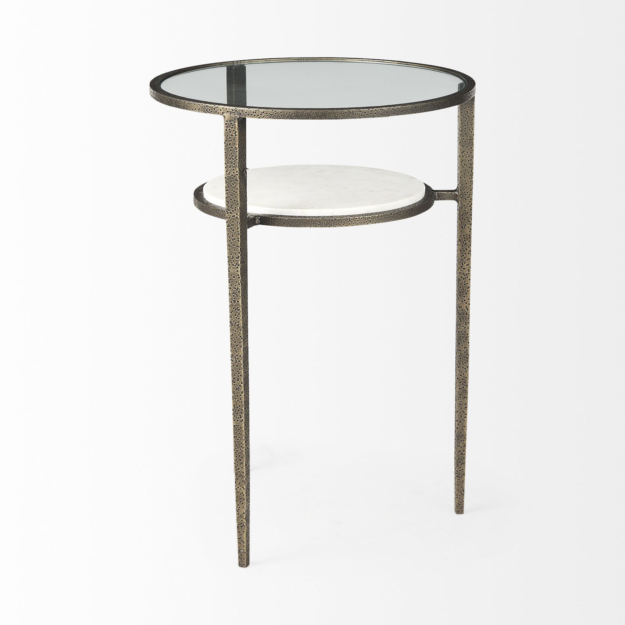 Mercana - Felicity Glass Top with White Marble Shelf and Antique Gold Base End/Side Table