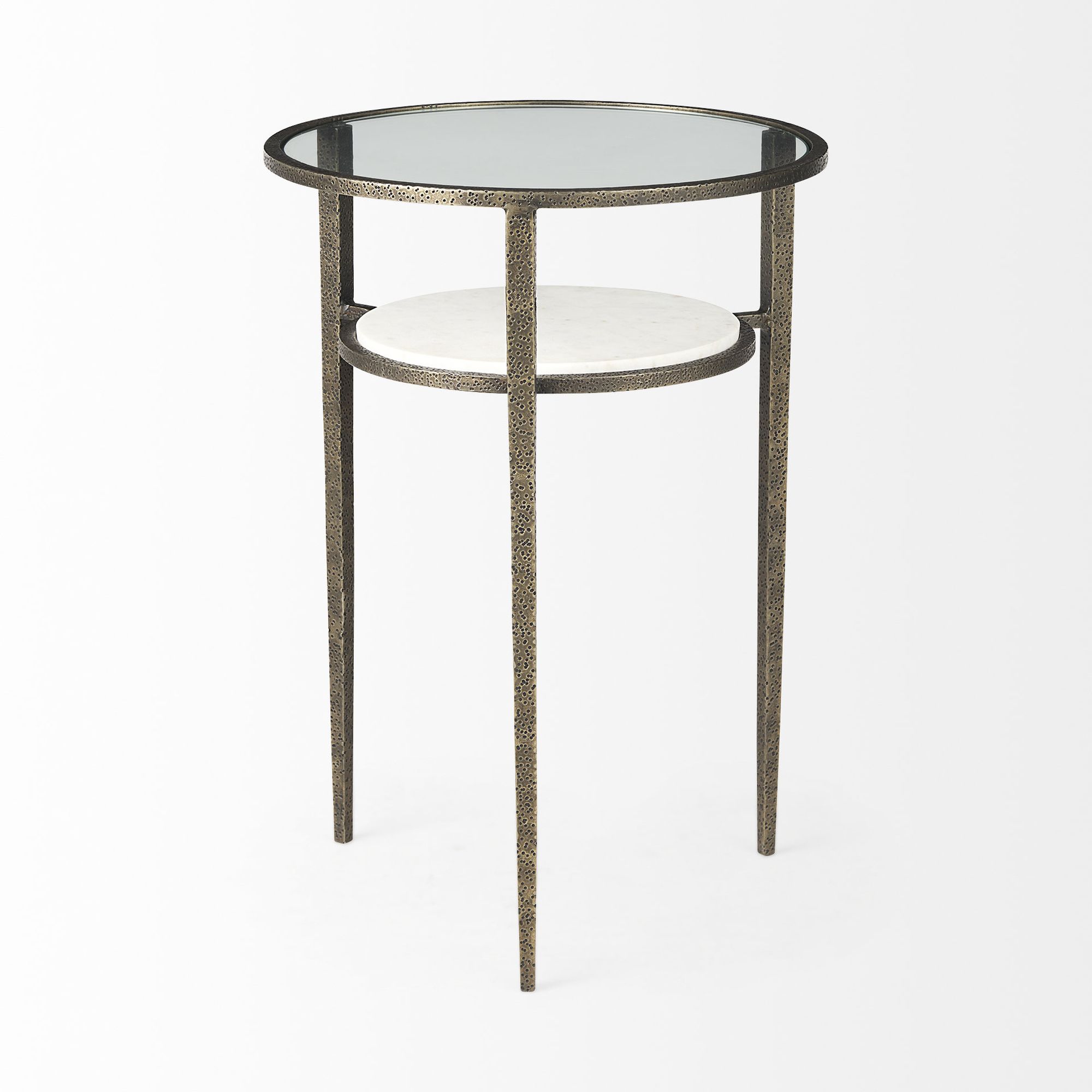 Mercana - Felicity Glass Top with White Marble Shelf and Antique Gold Base End/Side Table