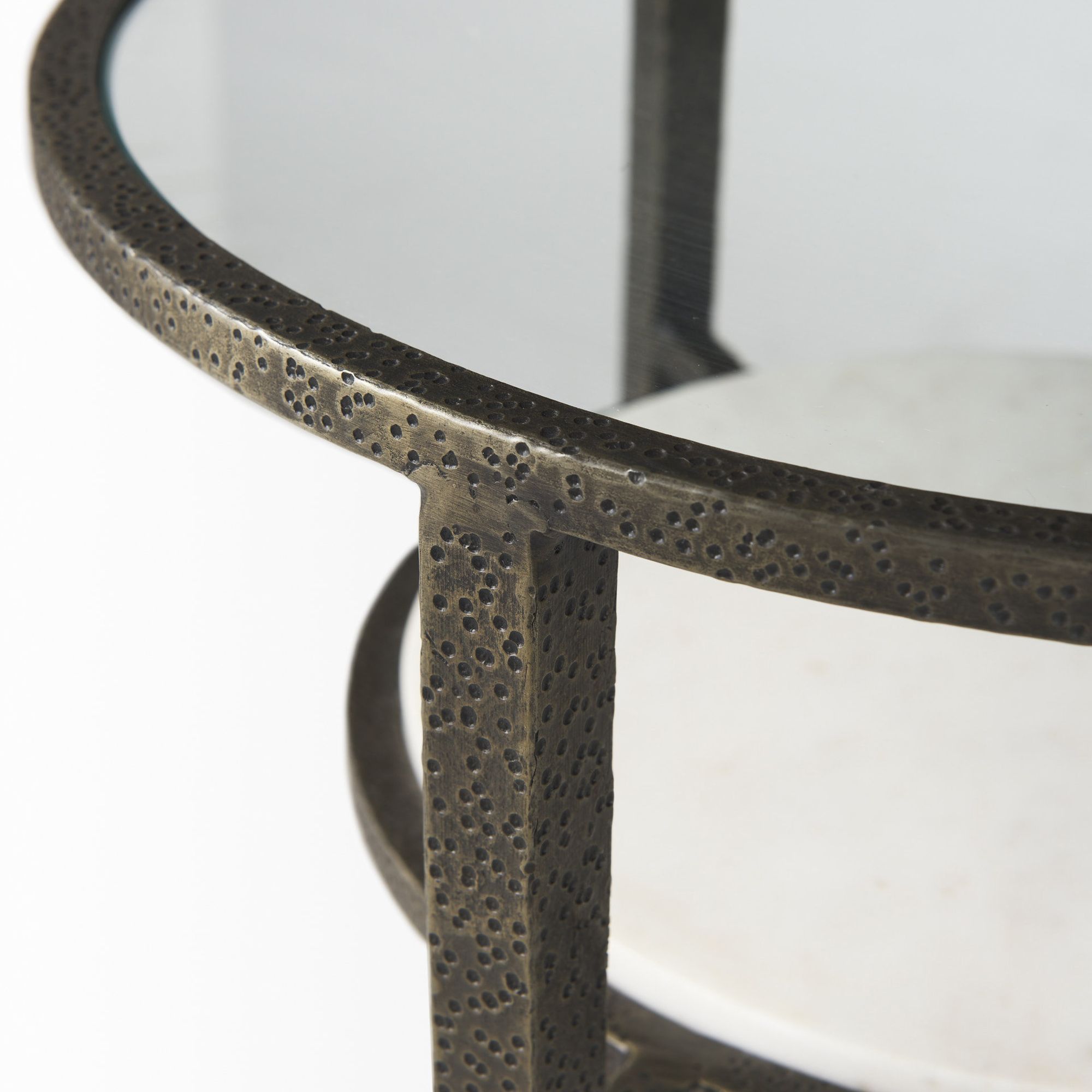 Mercana - Felicity Glass Top with White Marble Shelf and Antique Gold Base End/Side Table