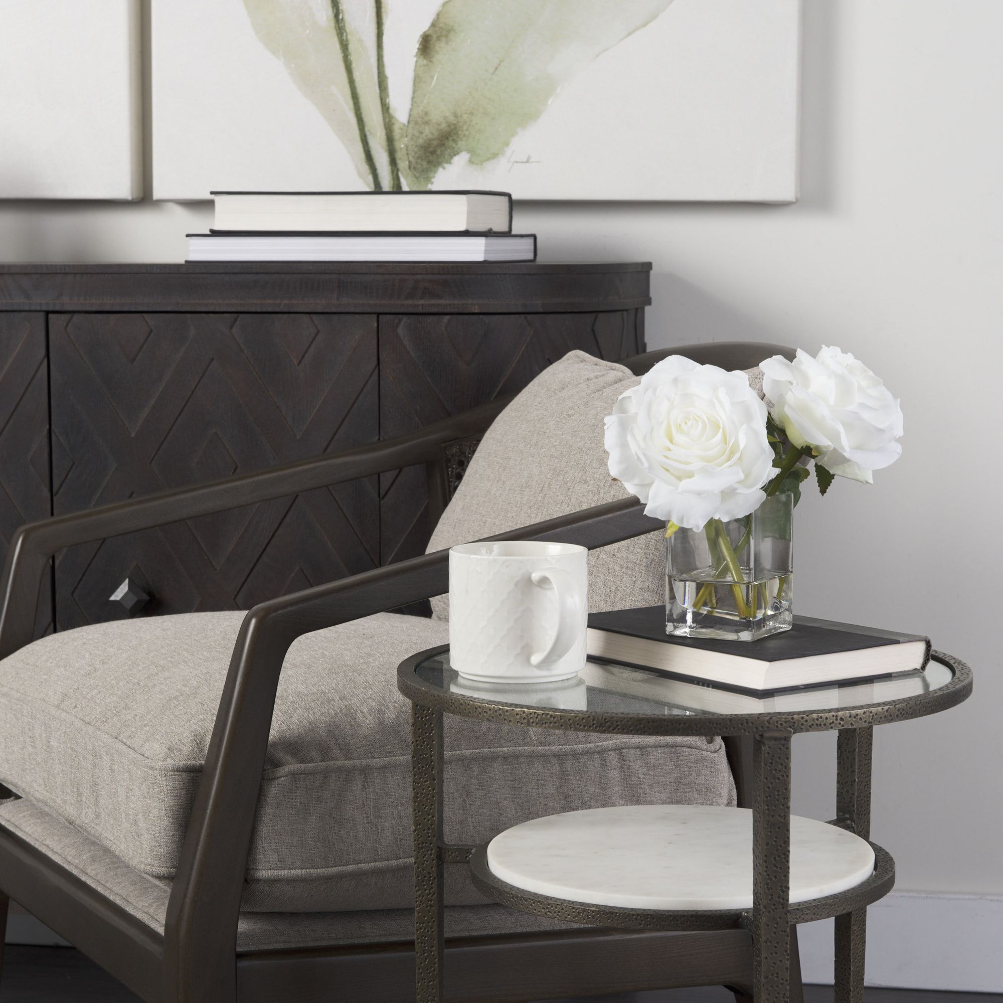 Mercana - Felicity Glass Top with White Marble Shelf and Antique Gold Base End/Side Table