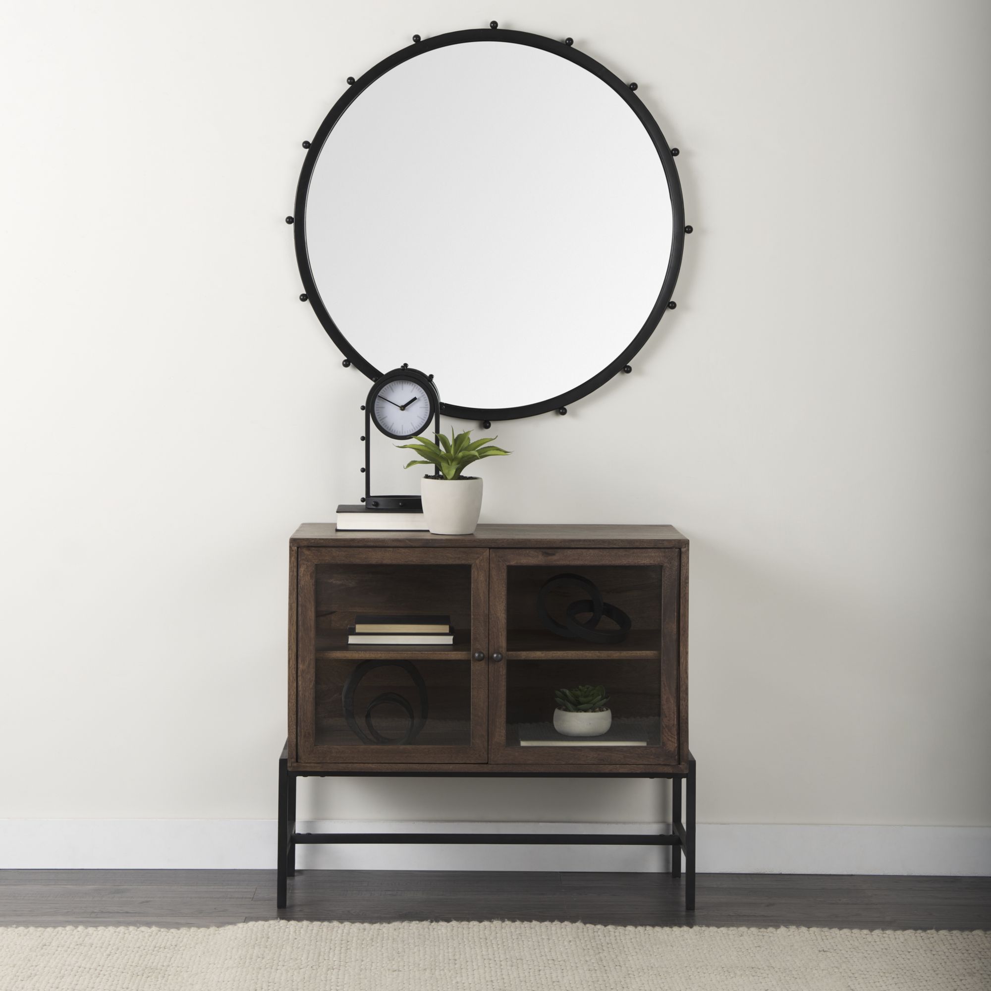 Mercana Arelius Medium Wood Black Metal Base with 2 Glass Doors Accent Cabinet - Brown