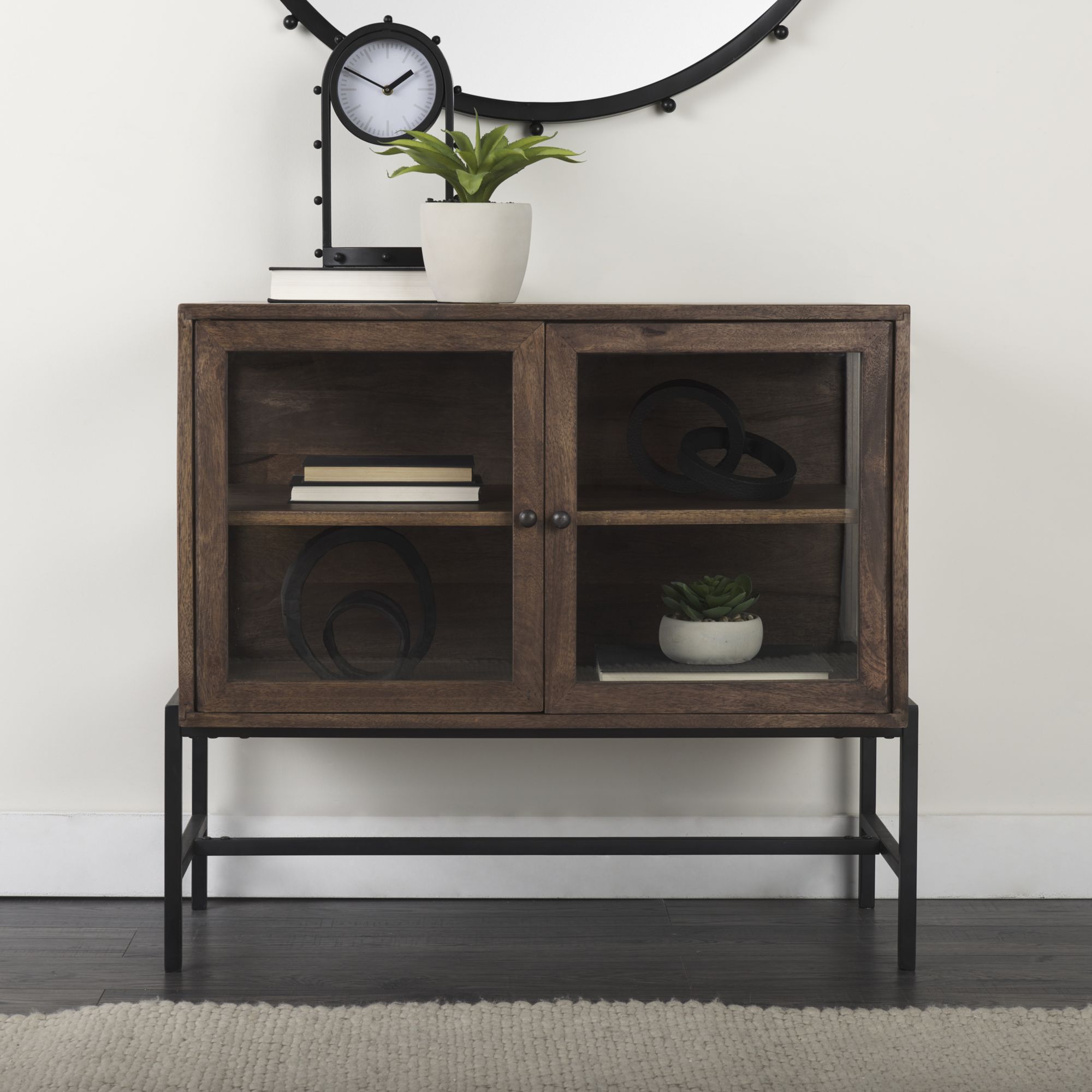 Mercana Arelius Medium Wood Black Metal Base with 2 Glass Doors Accent Cabinet - Brown