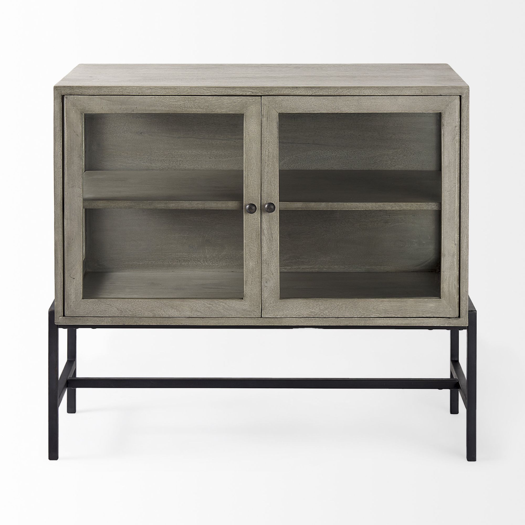 Mercana Arelius Wood Black Metal Base with 2 Glass Doors Accent Cabinet - Gray