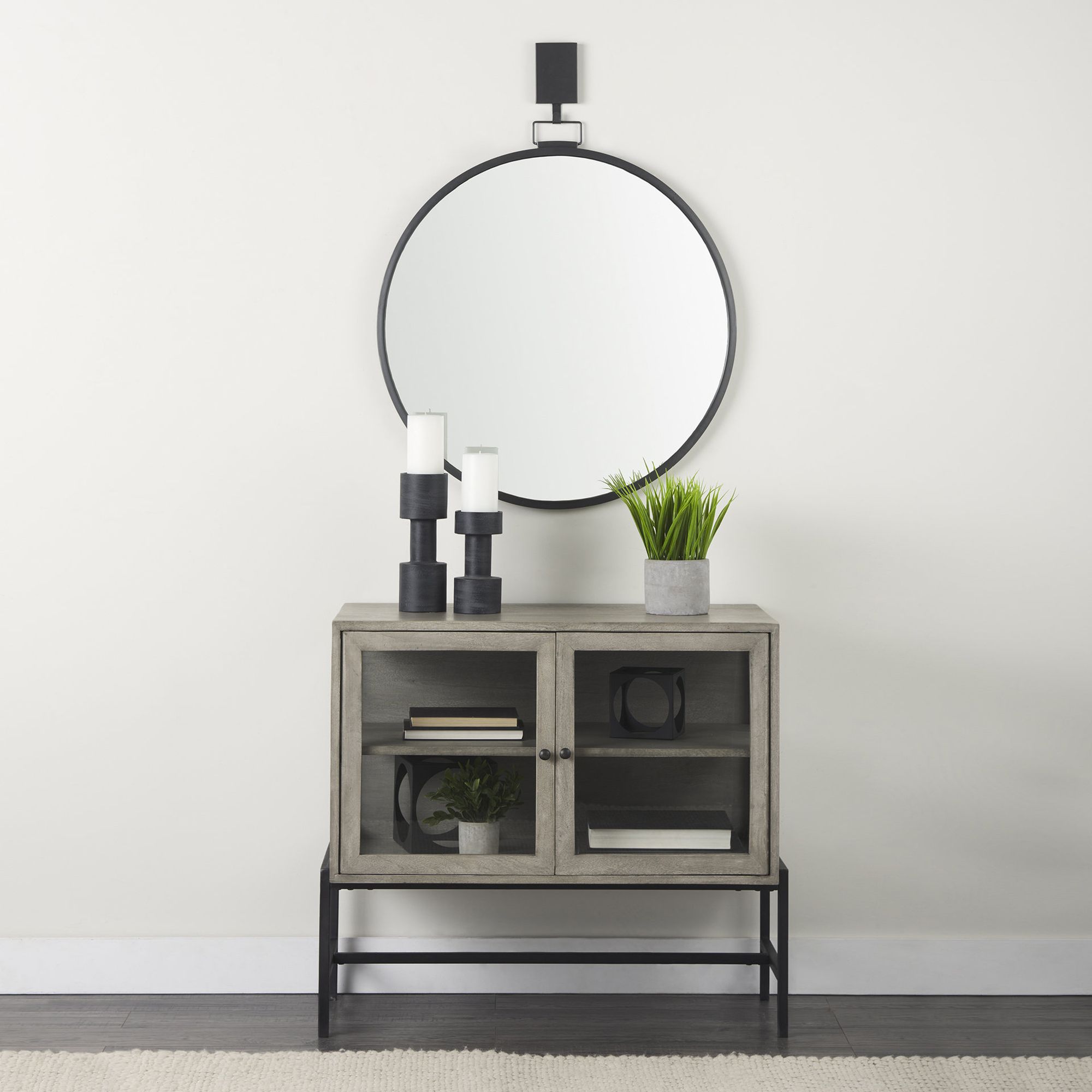 Mercana Arelius Wood Black Metal Base with 2 Glass Doors Accent Cabinet - Gray