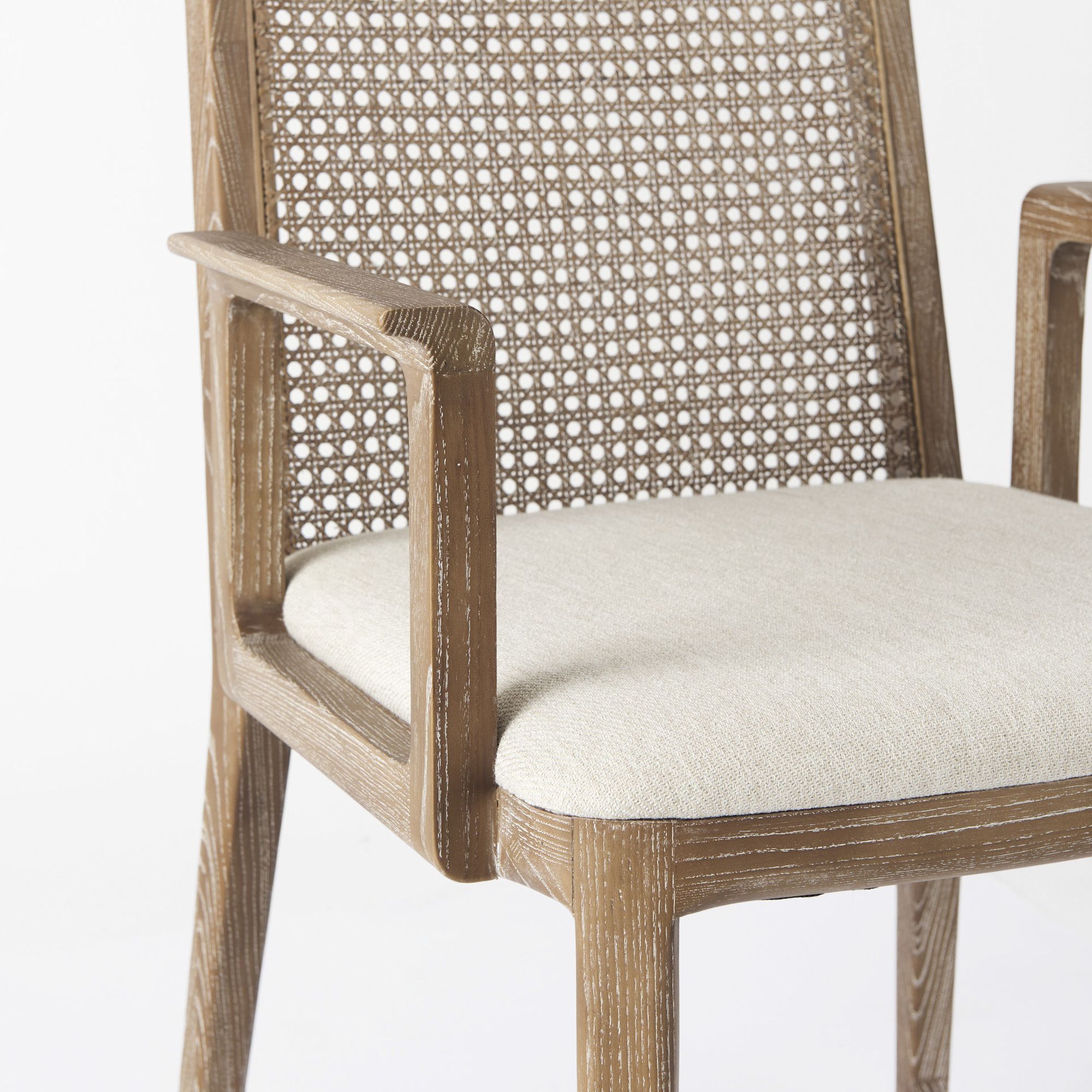 Mercana Clara Square Arms Dining Chair with Cream Fabric Seat and Cane Back - Light Brown