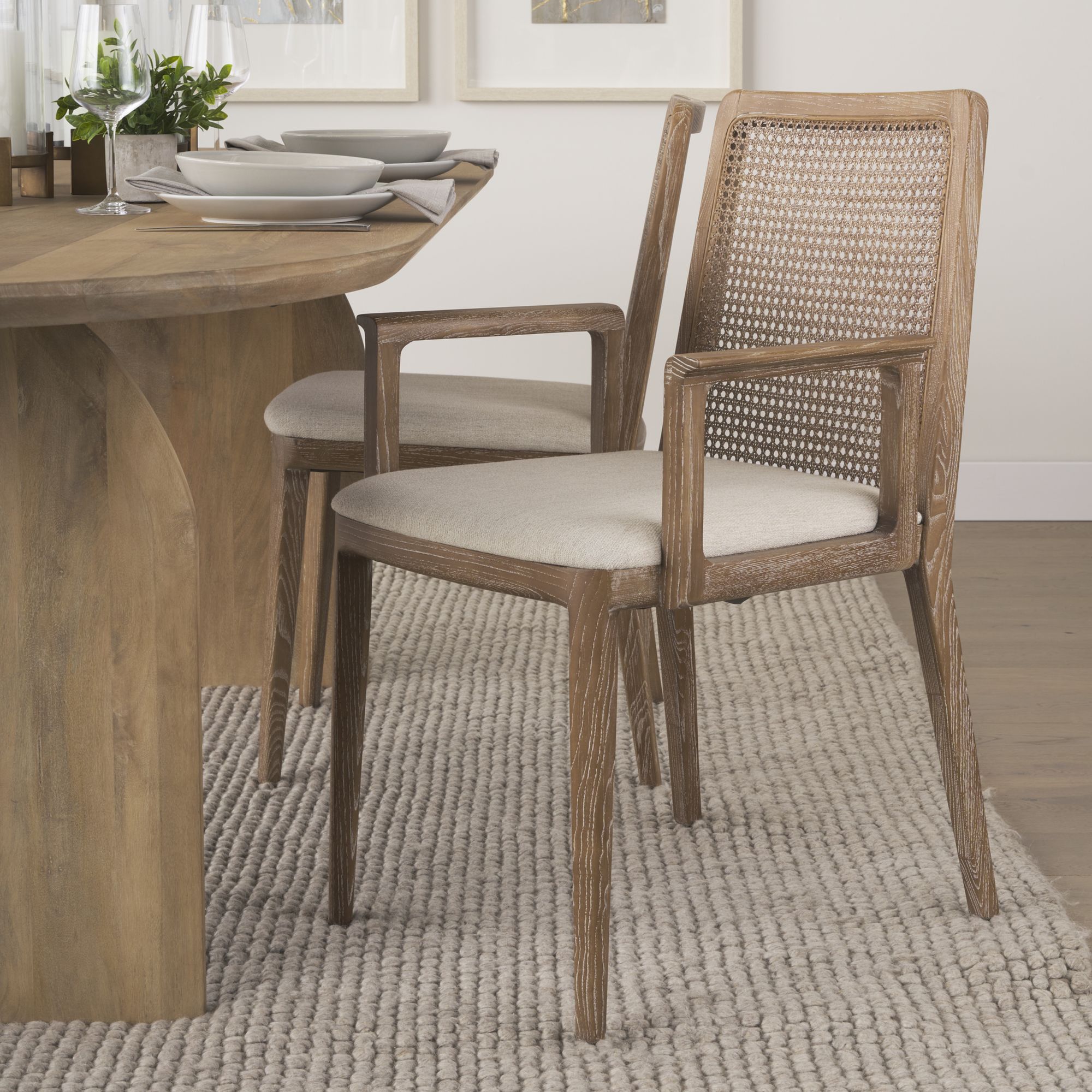 Mercana Clara Square Arms Dining Chair with Cream Fabric Seat and Cane Back - Light Brown