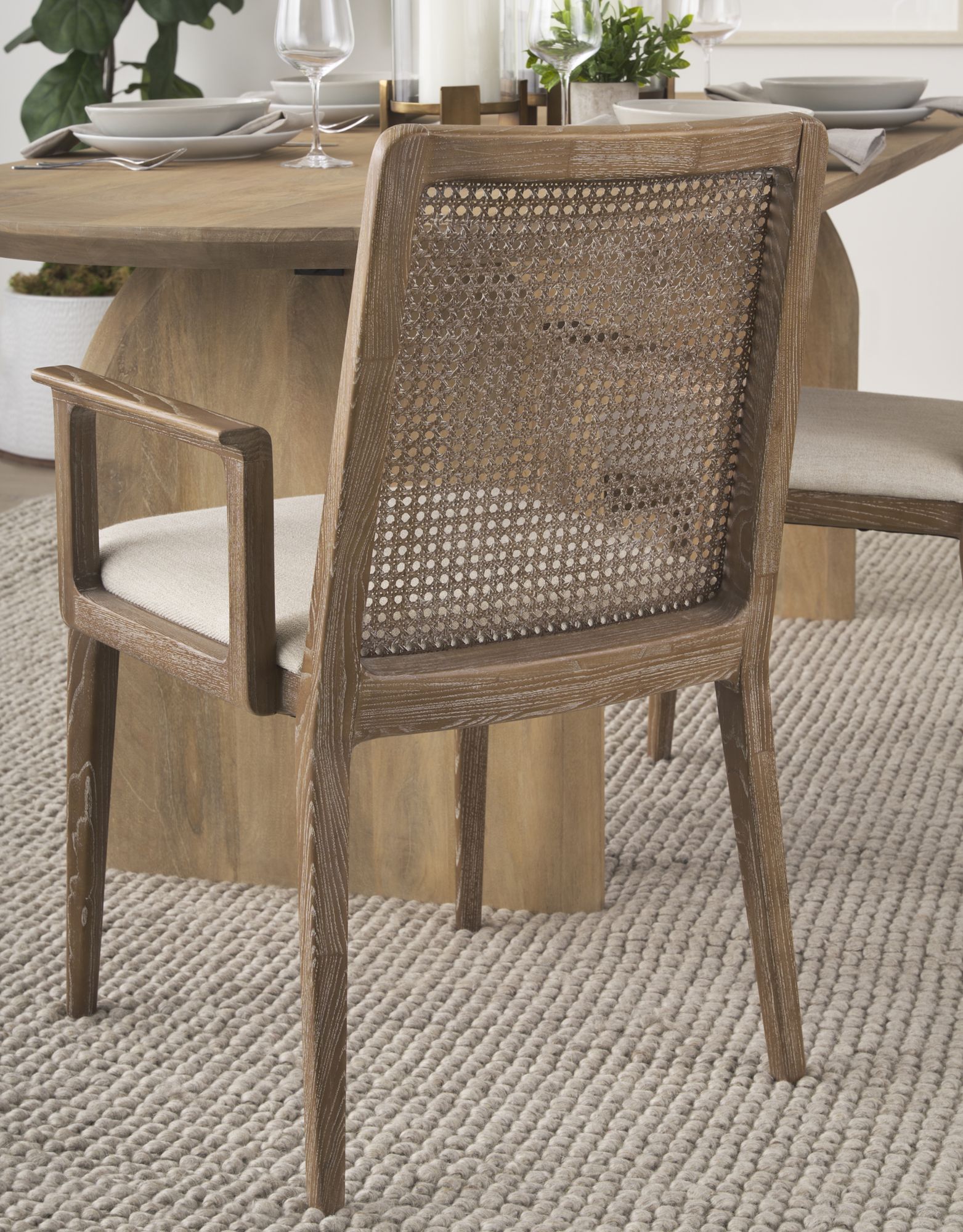 Mercana Clara Square Arms Dining Chair with Cream Fabric Seat and Cane Back - Light Brown