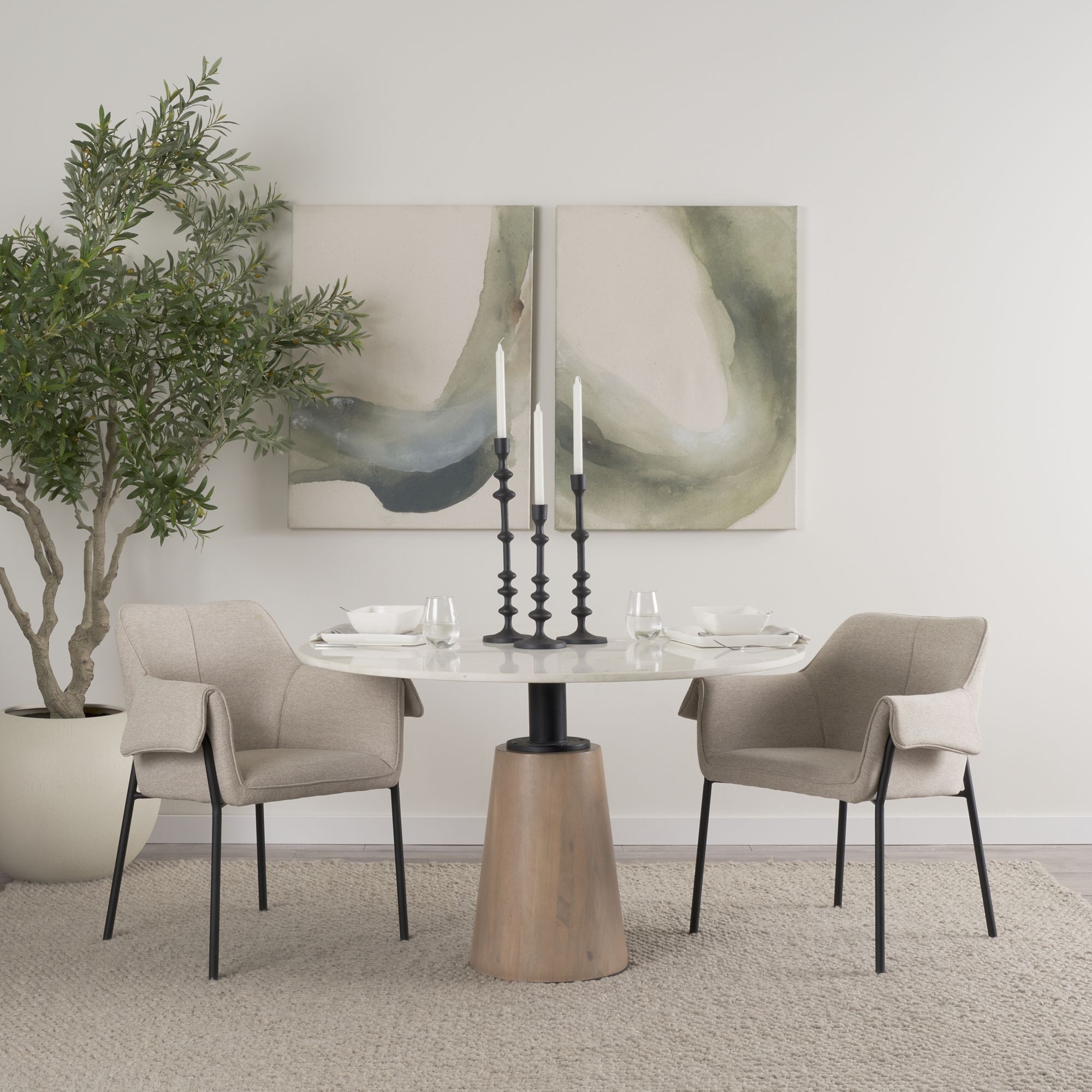 Mercana Maxwell Round Dining Table with Metal and Wood Pedestal Base - White/Light Brown