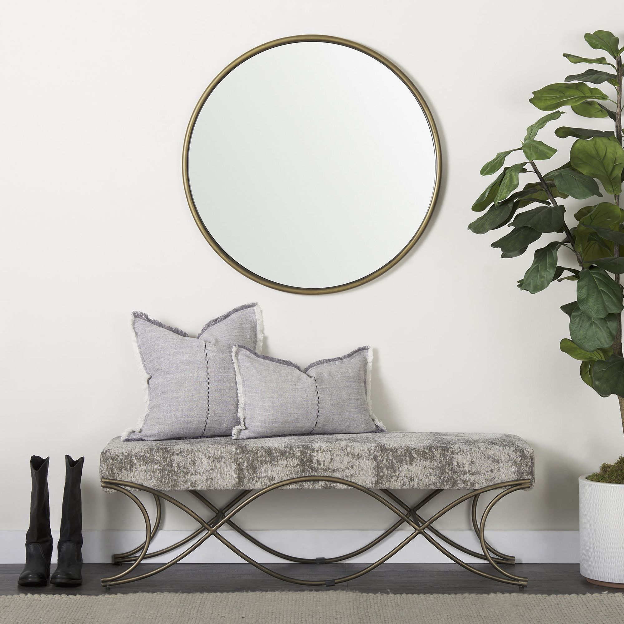 Mercana Ayla Bench with Antique Gold Metal Frame - Light Gray