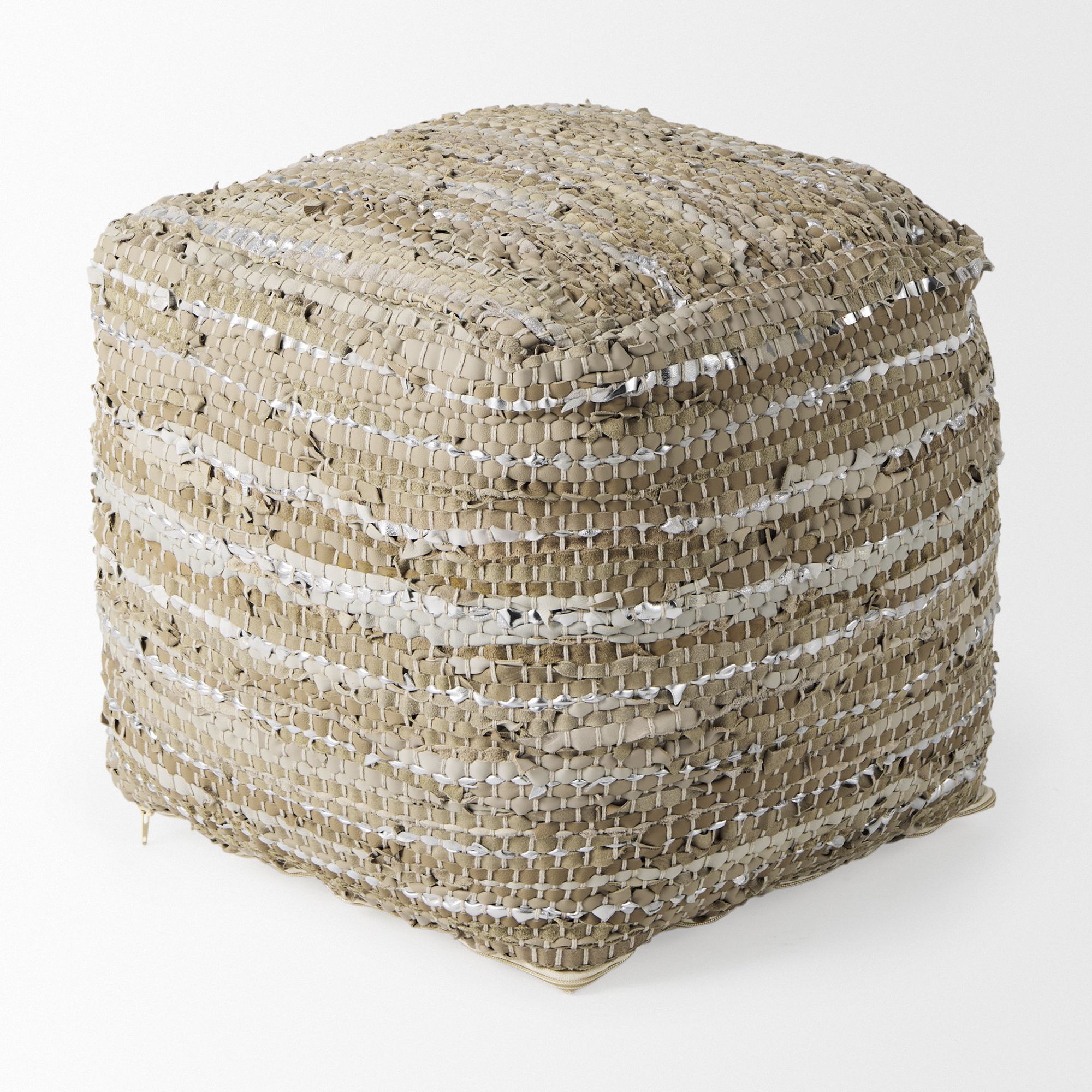 Mercana - Aadhya Taupe/Silver Leather and Cotton Pouf