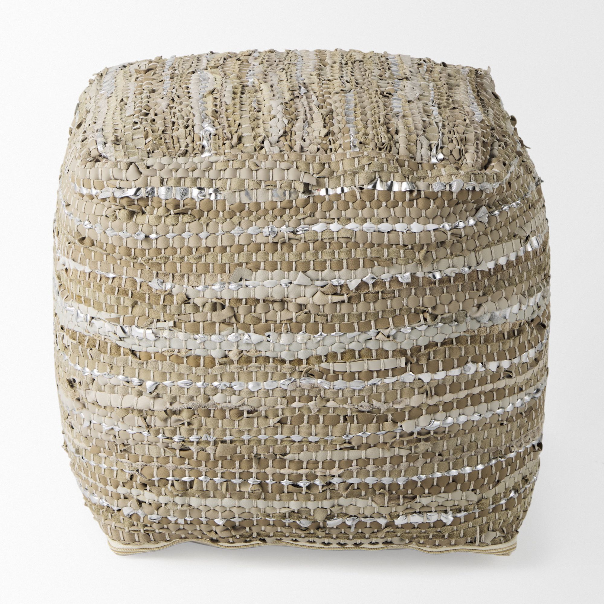 Mercana - Aadhya Taupe/Silver Leather and Cotton Pouf