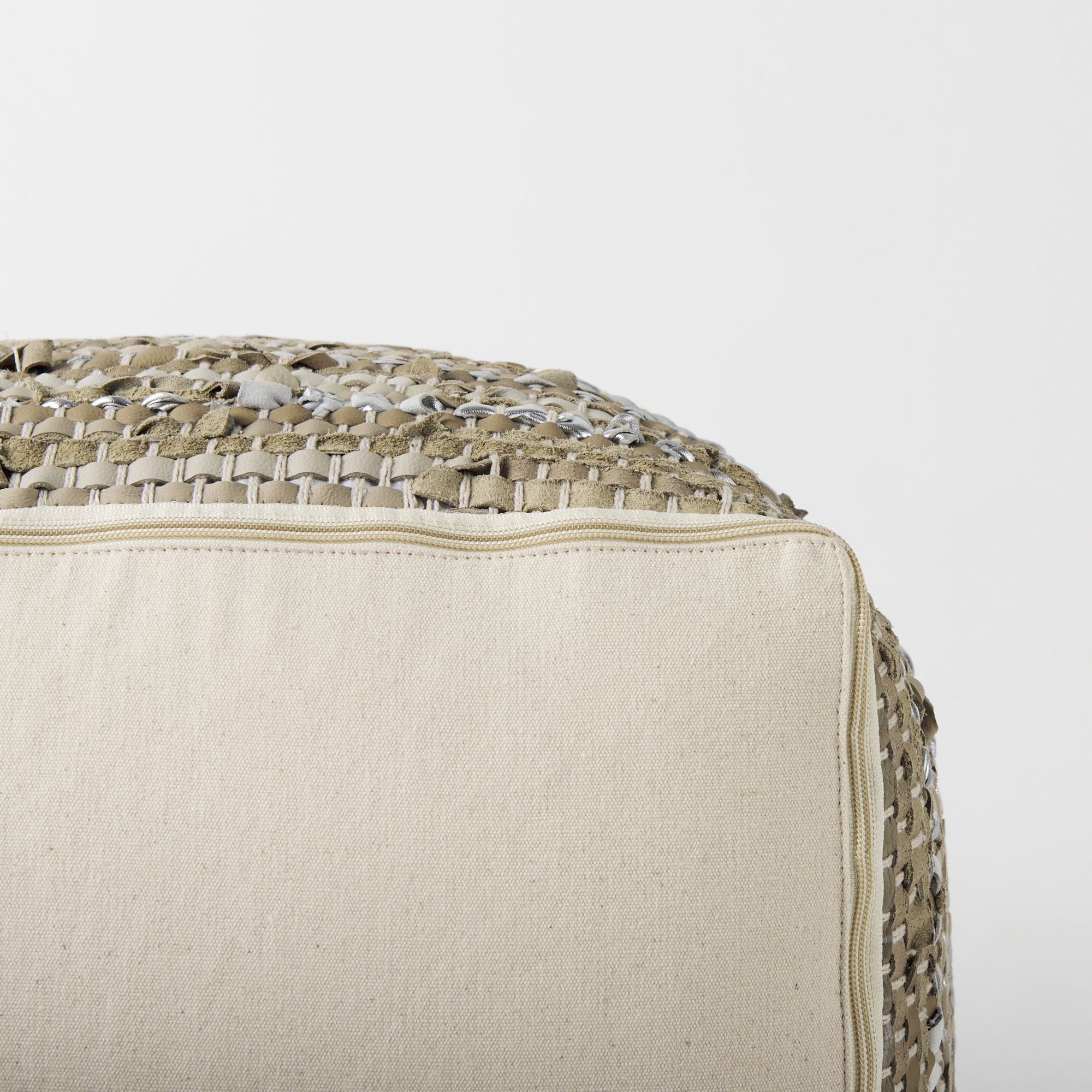 Mercana - Aadhya Taupe/Silver Leather and Cotton Pouf