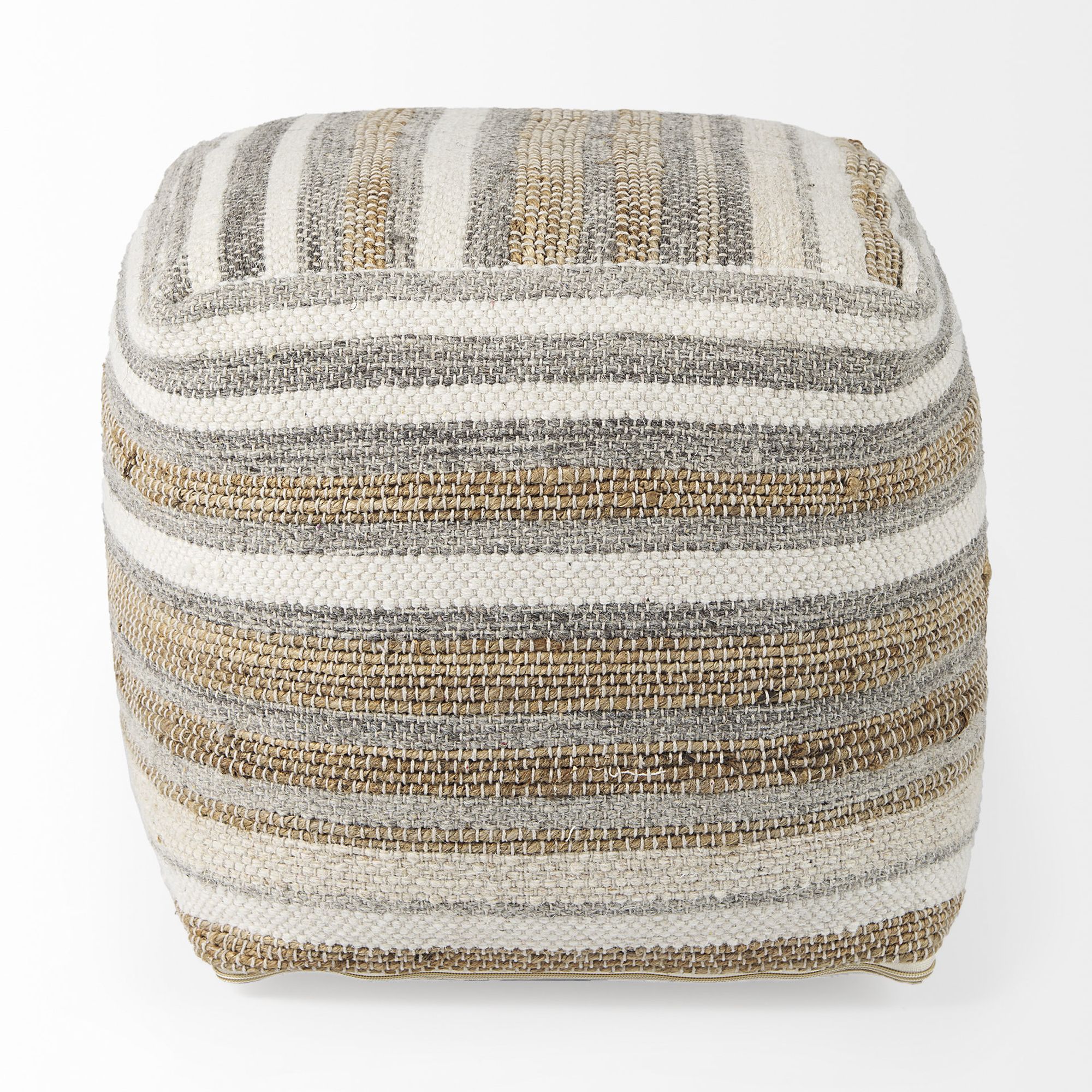 Mercana - Aahana White/Taupe/Gray Striped Hemp and Cotton Pouf