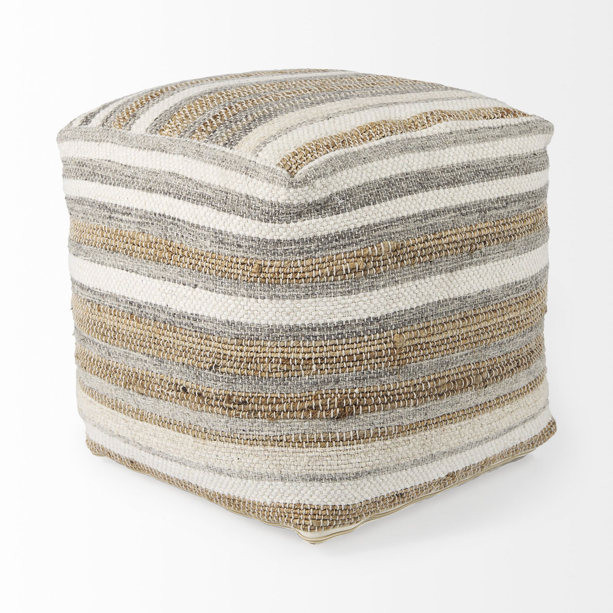 Mercana - Aahana White/Taupe/Gray Striped Hemp and Cotton Pouf