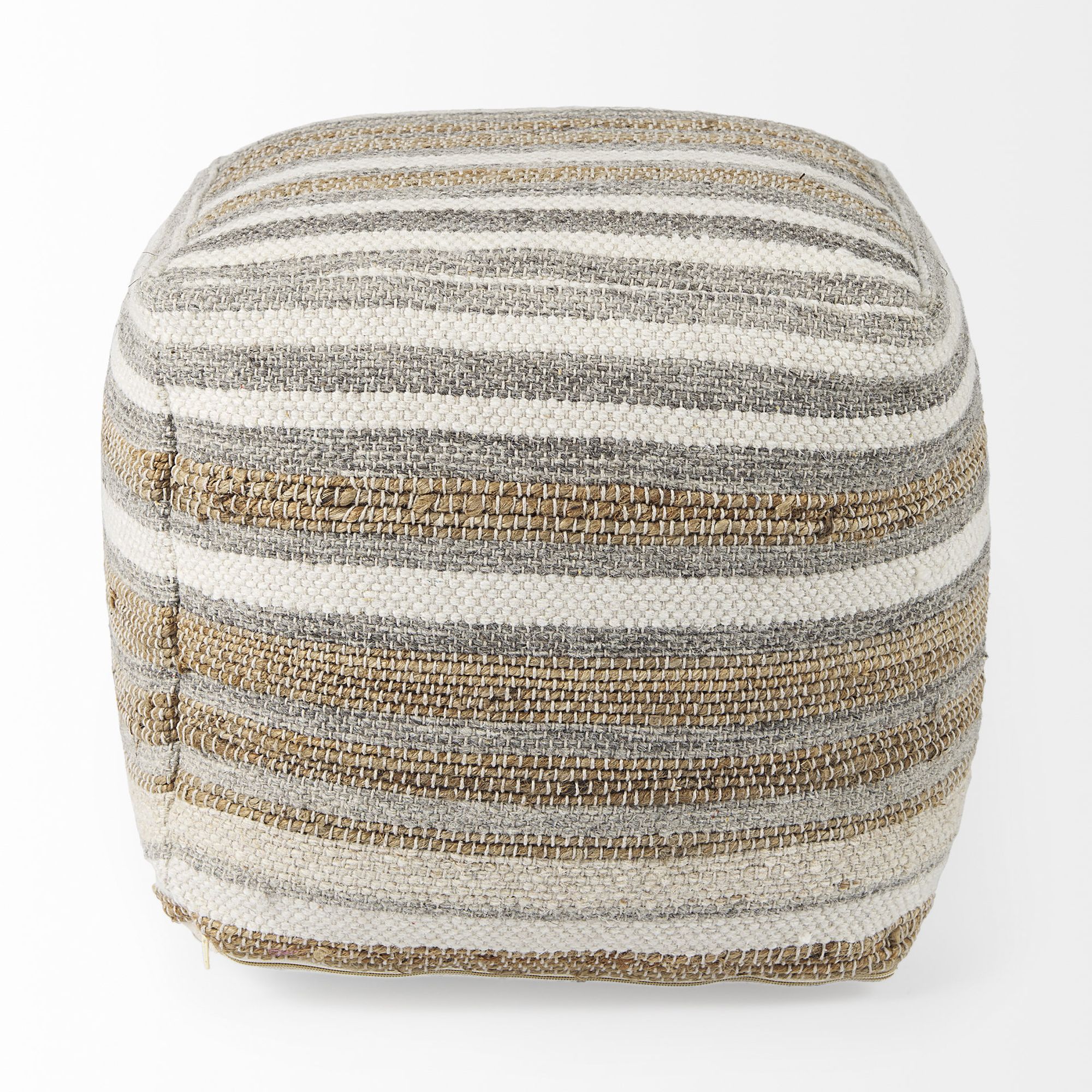 Mercana - Aahana White/Taupe/Gray Striped Hemp and Cotton Pouf