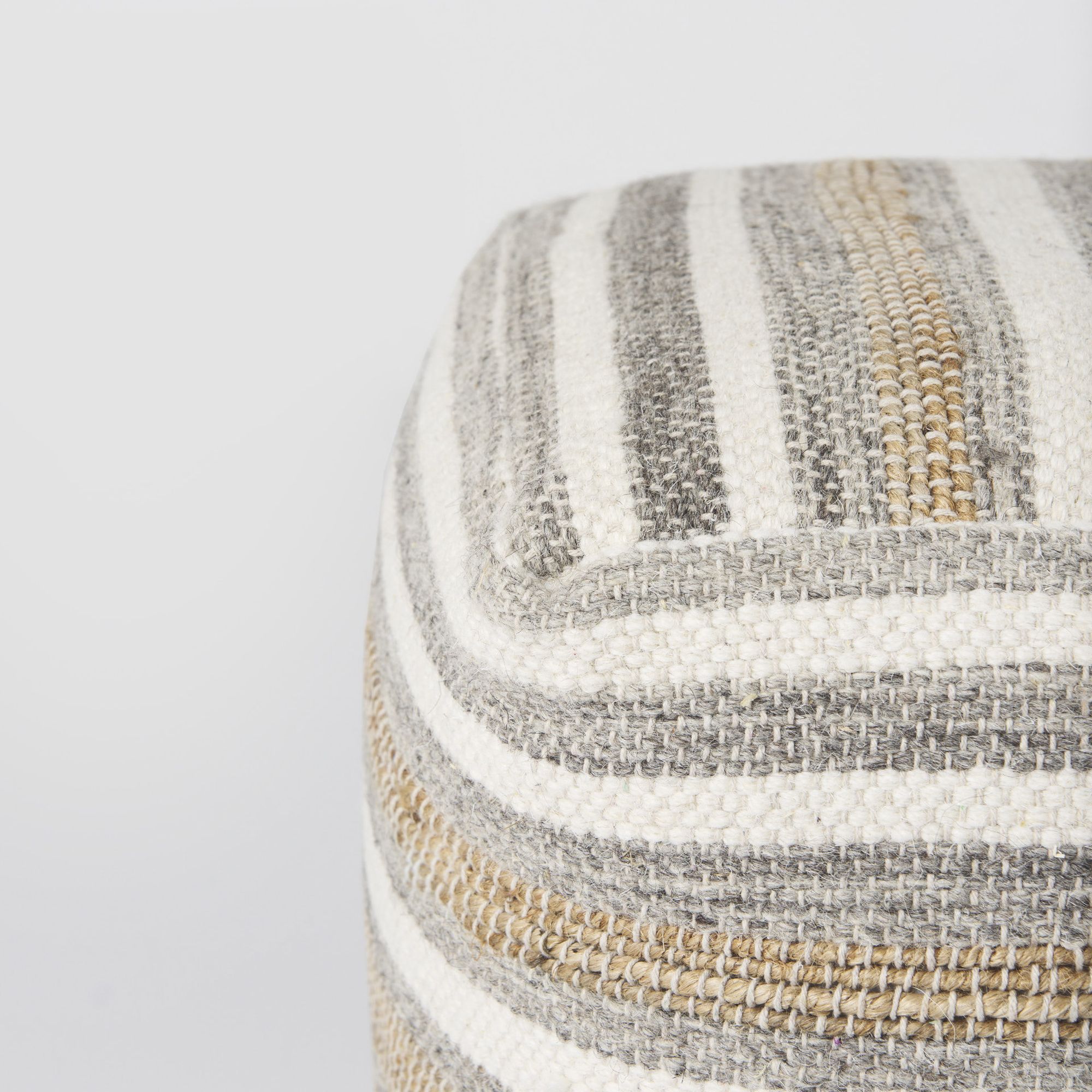 Mercana - Aahana White/Taupe/Gray Striped Hemp and Cotton Pouf