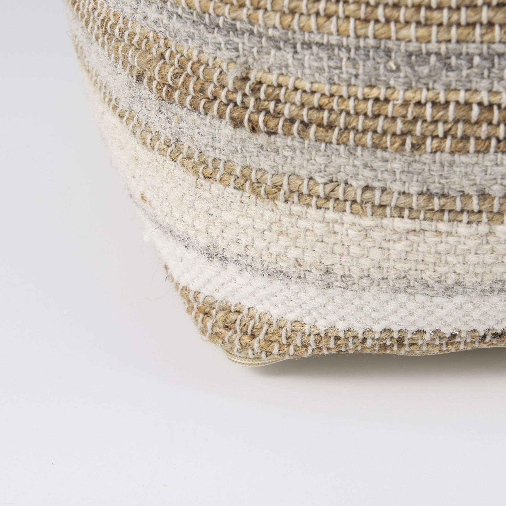 Mercana - Aahana White/Taupe/Gray Striped Hemp and Cotton Pouf