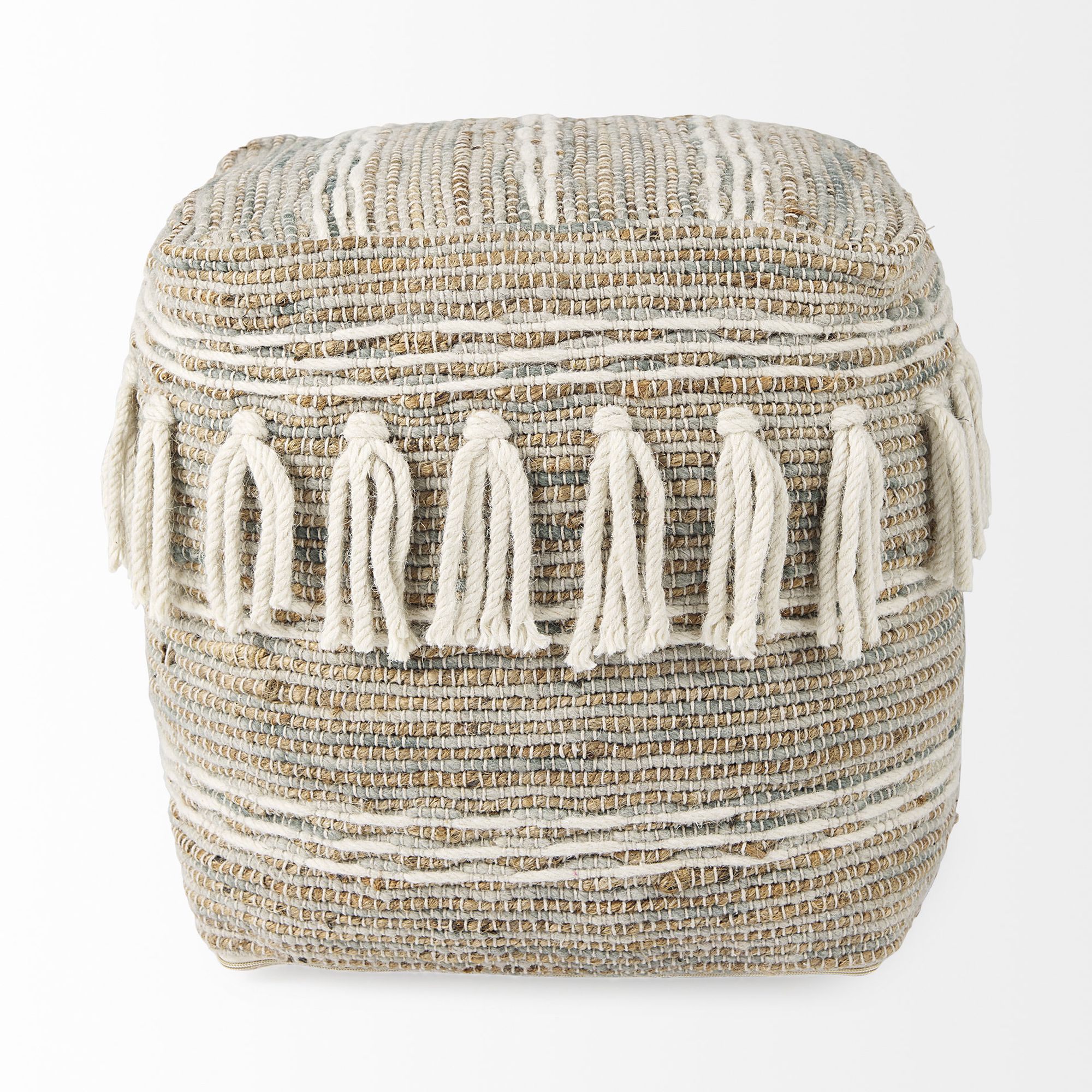 Mercana - Avni Cream/Brown Hemp and Wool Fringed Pouf