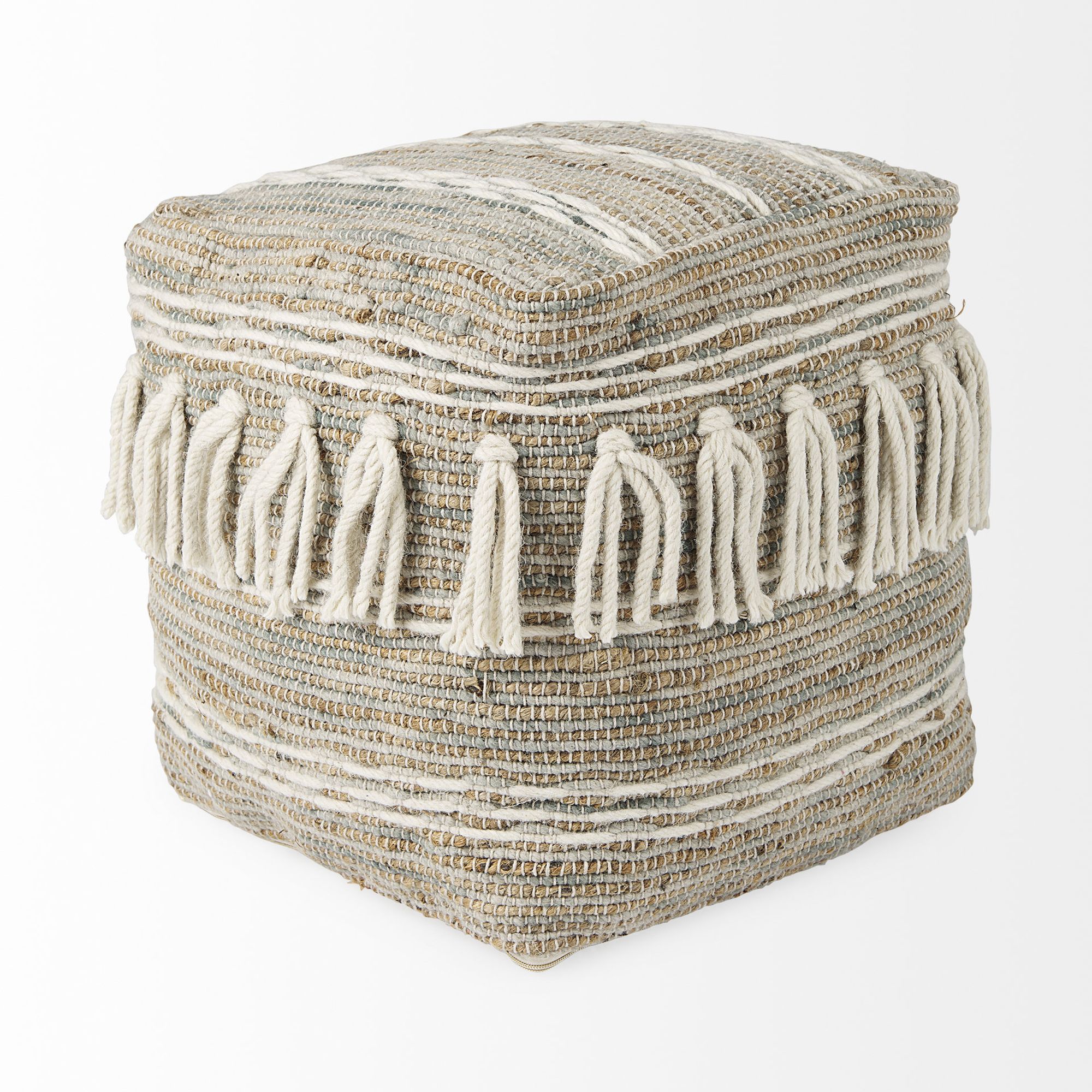 Mercana - Avni Cream/Brown Hemp and Wool Fringed Pouf