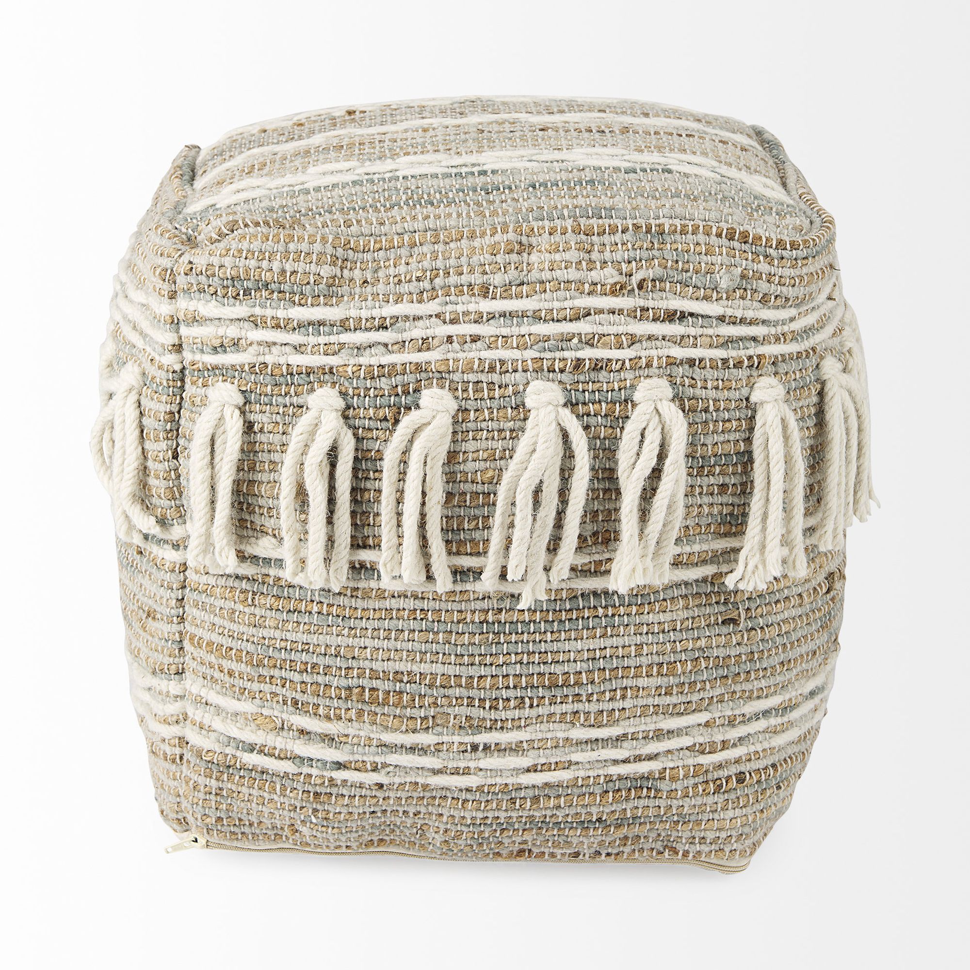 Mercana - Avni Cream/Brown Hemp and Wool Fringed Pouf