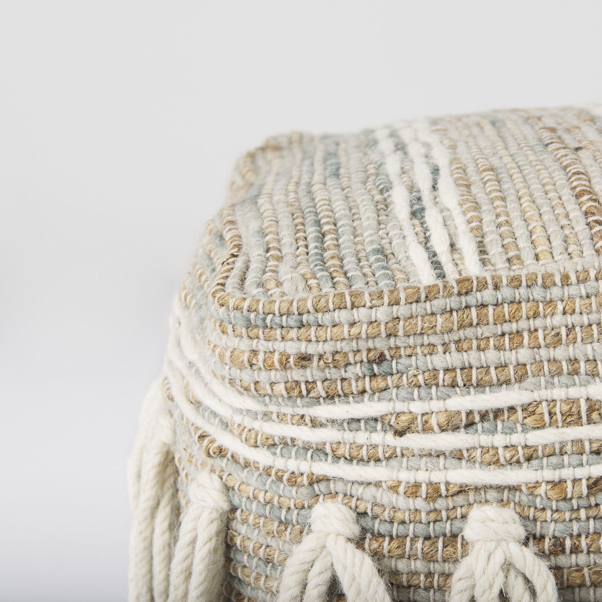 Mercana - Avni Cream/Brown Hemp and Wool Fringed Pouf