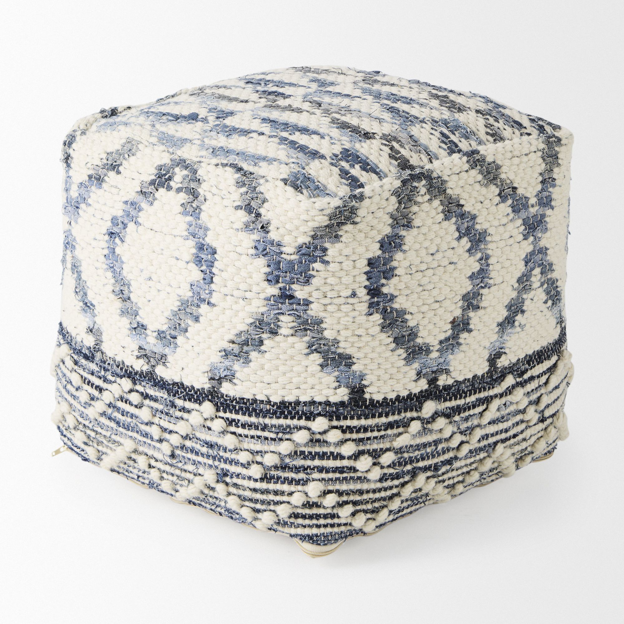 Mercana - Eshana Cream Wool and Denim Patterned Pouf