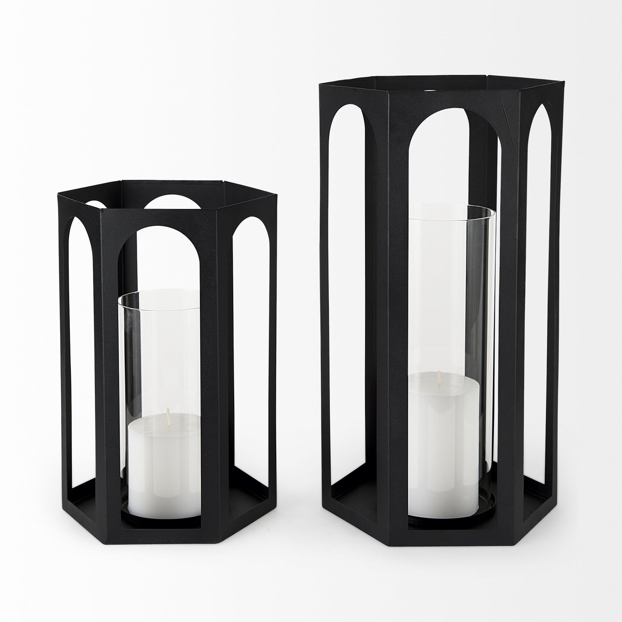 Mercana - Balley Matte Black Metal Hexagonal Candle Holder Lanterns (Set of 2)