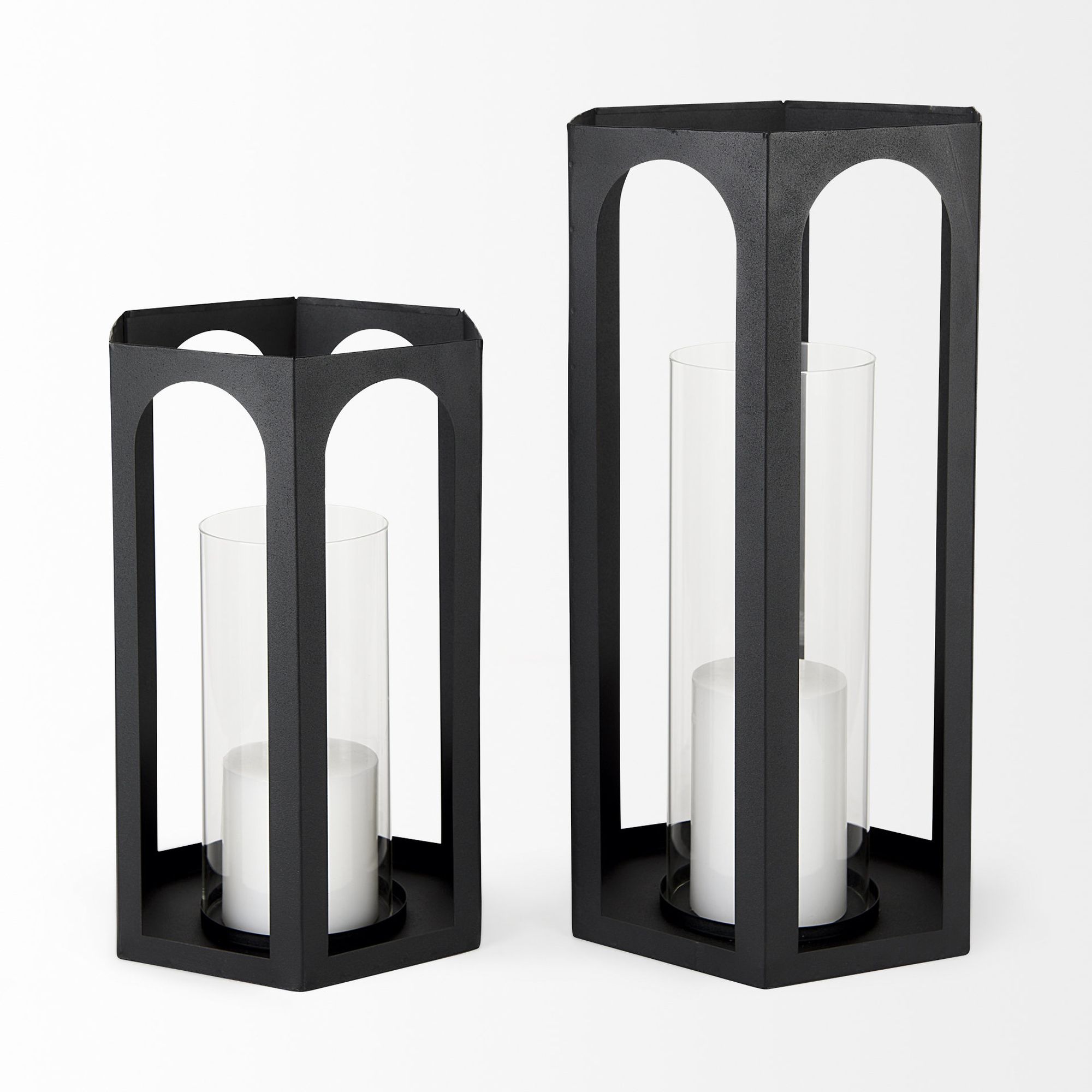 Mercana - Balley Matte Black Metal Hexagonal Candle Holder Lanterns (Set of 2)