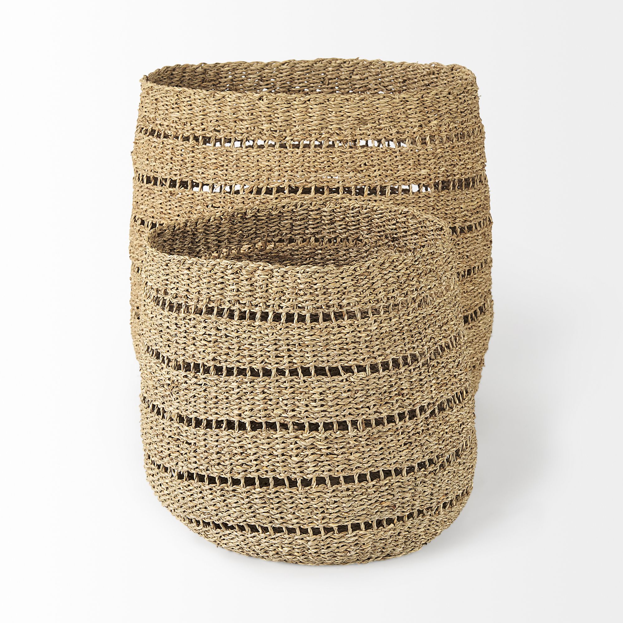 Mercana - Hayes Medium Brown Seagrass Round Basket with Stripe Pattern (Set of 2)