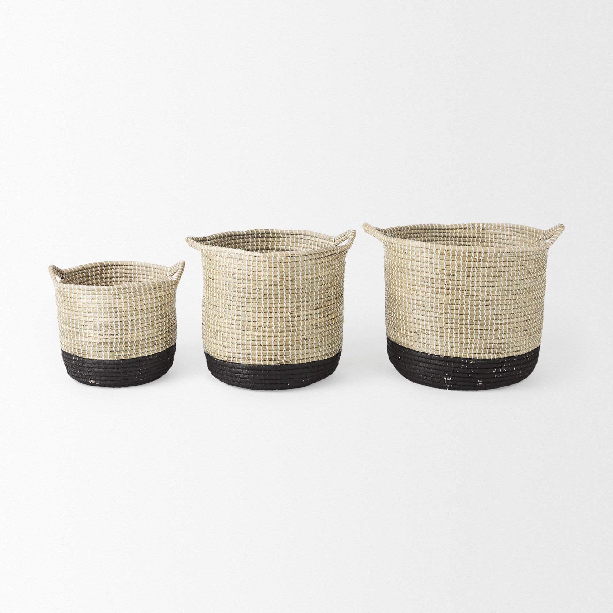 Mercana Maddie Round Basket with Black Dipped Seagrass (Set of 3) - Beige/Black