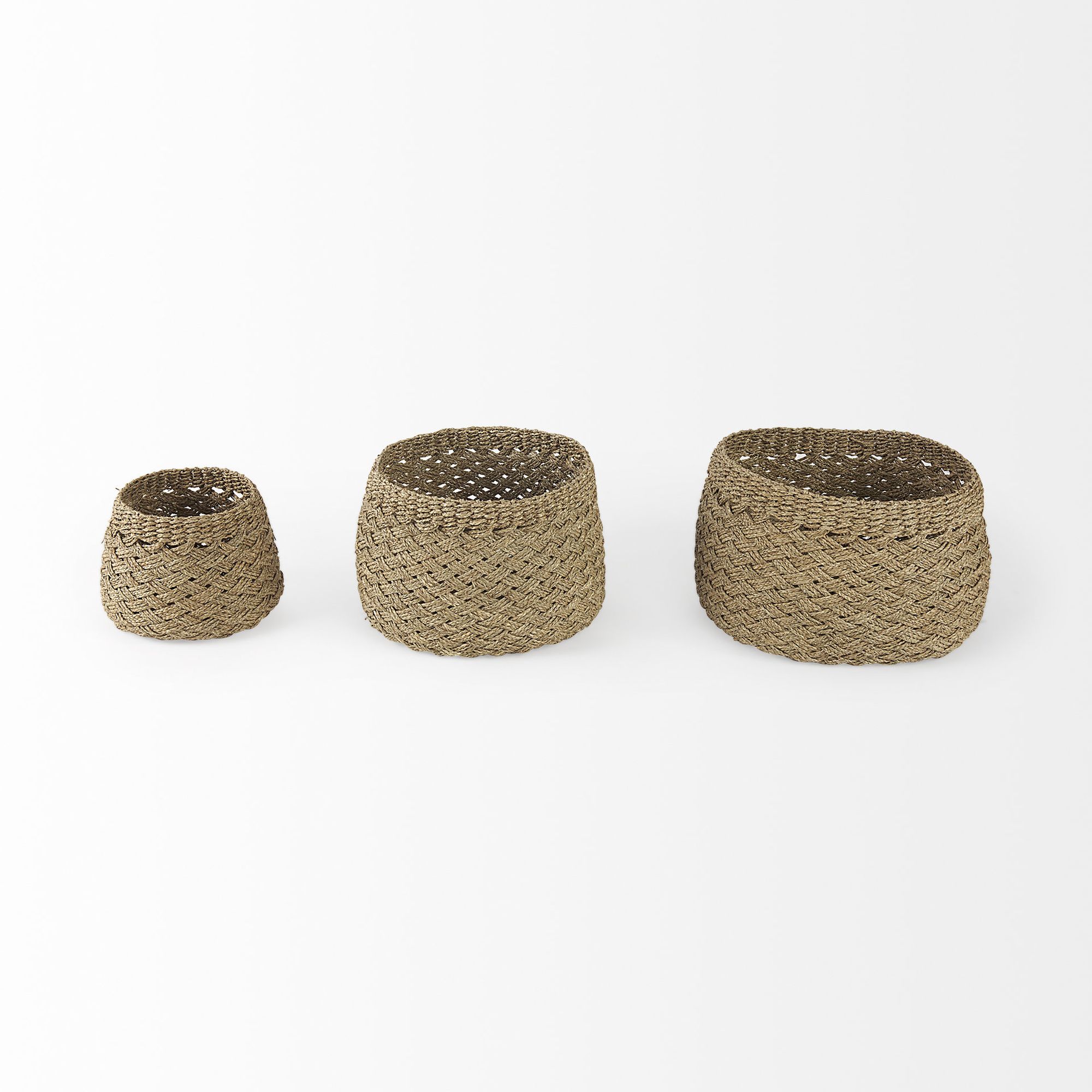 Mercana - Jarek Medium Brown Seagrass Basket Cross Weave Round Basket (Set of 3)