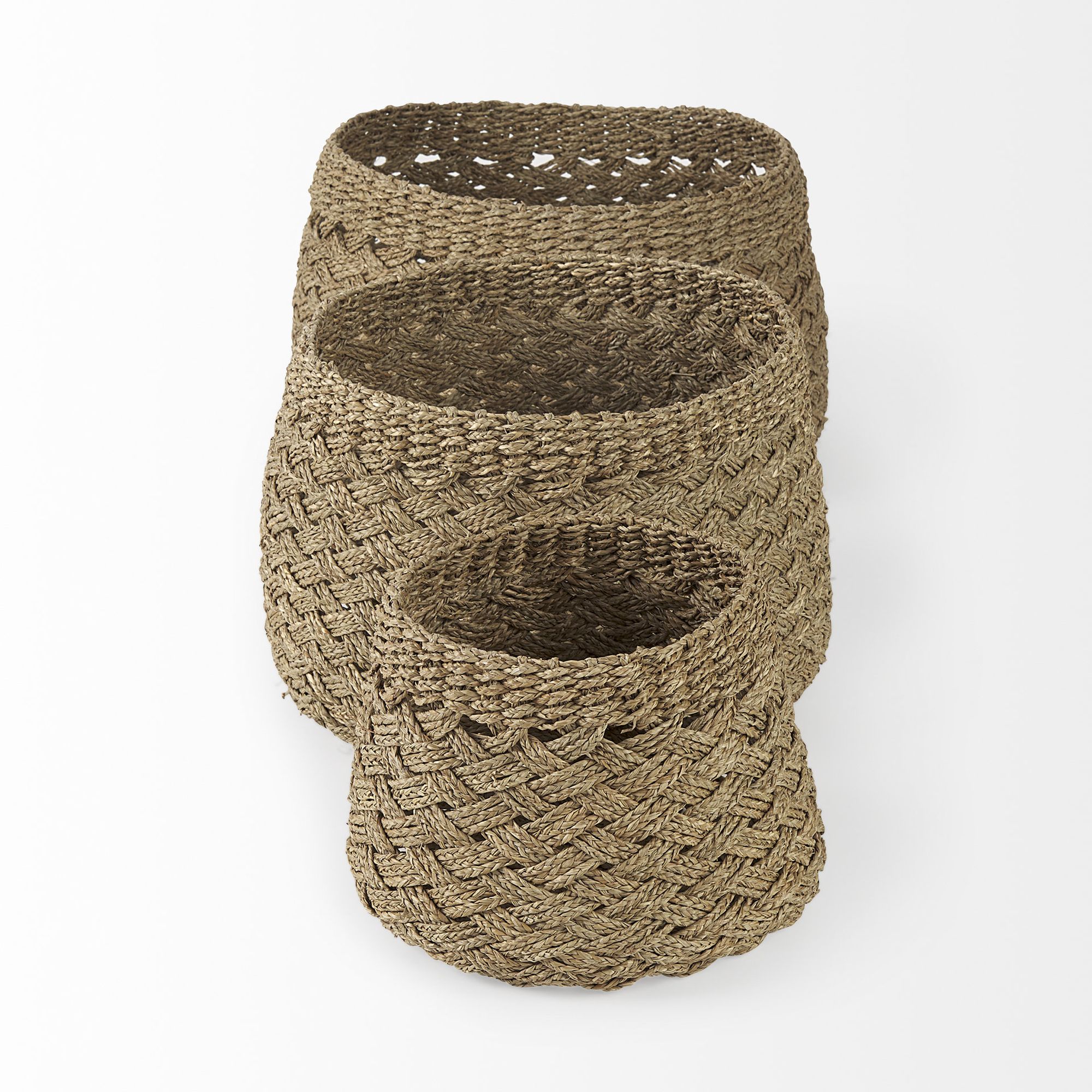 Mercana - Jarek Medium Brown Seagrass Basket Cross Weave Round Basket (Set of 3)