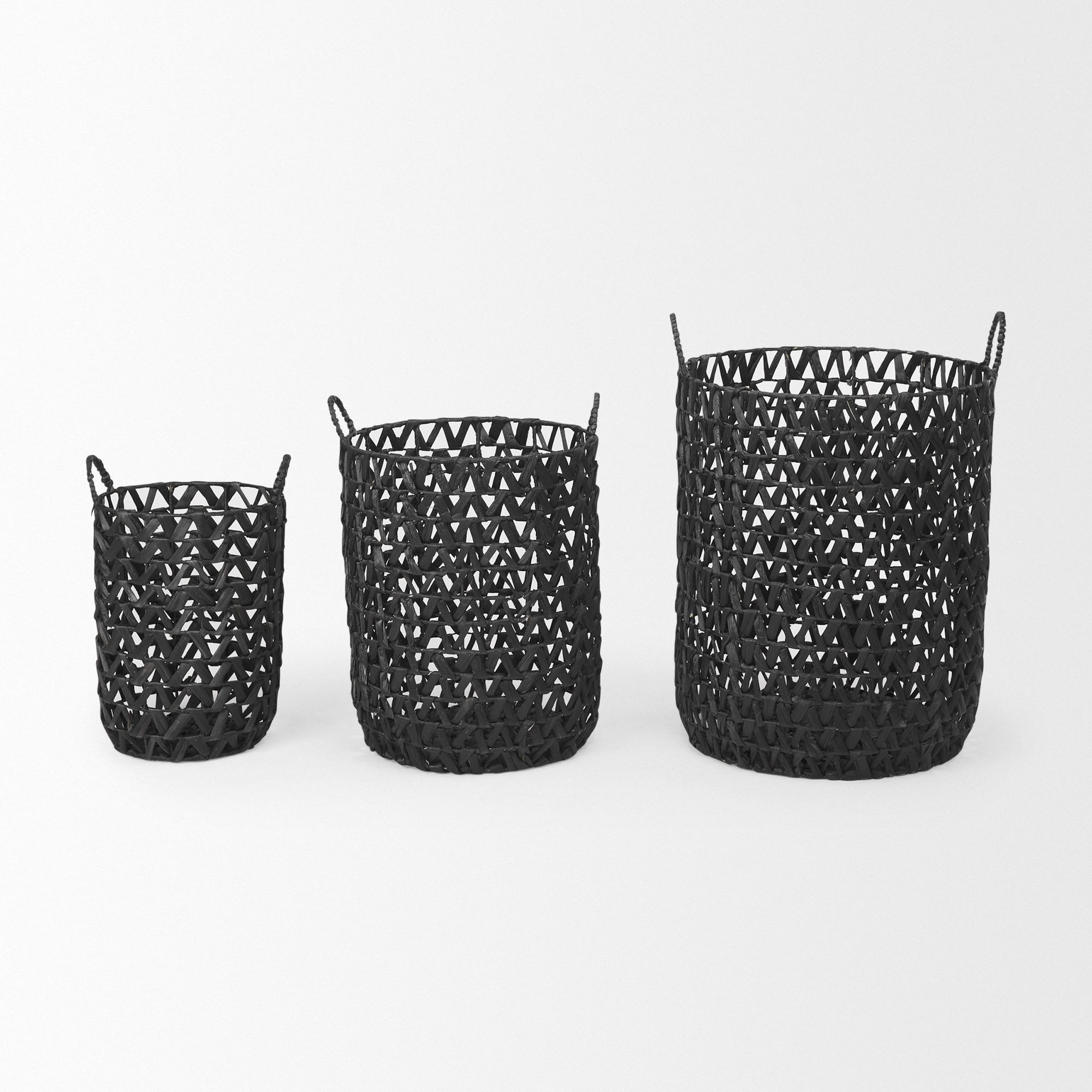 Mercana - Lola Black Water Hyacinth Zig Zag Weave Round Basket/Handles (Set of 3)