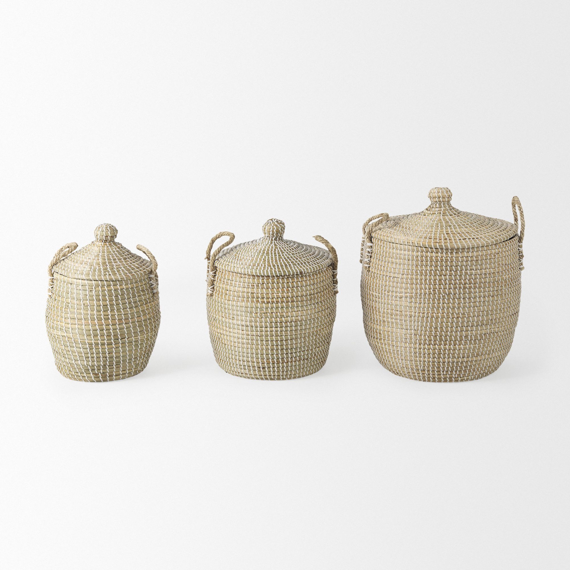 Mercana - Olivia Beige Seagrass Basket with Lid and Handles (Set of 3)