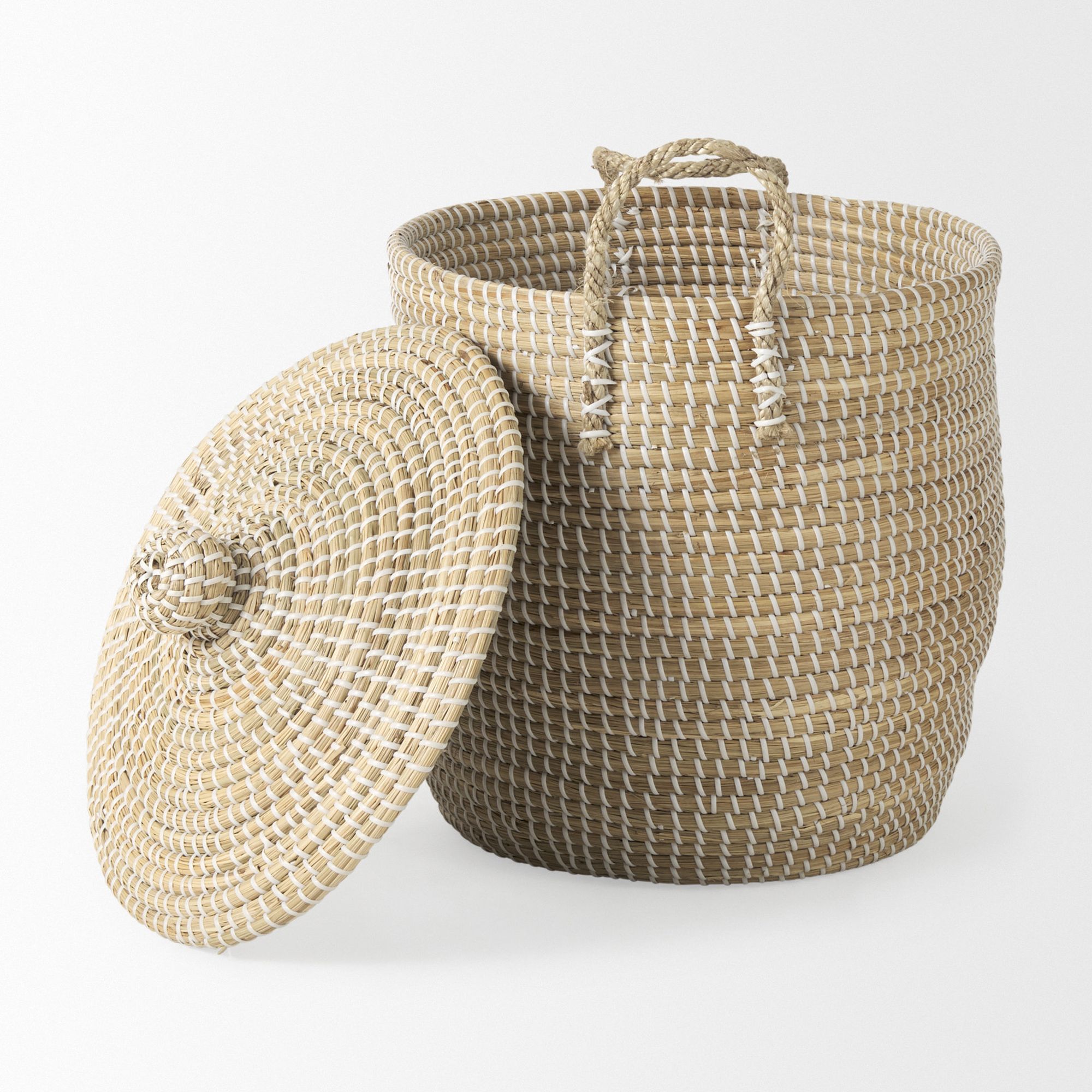 Mercana - Olivia Beige Seagrass Basket with Lid and Handles (Set of 3)